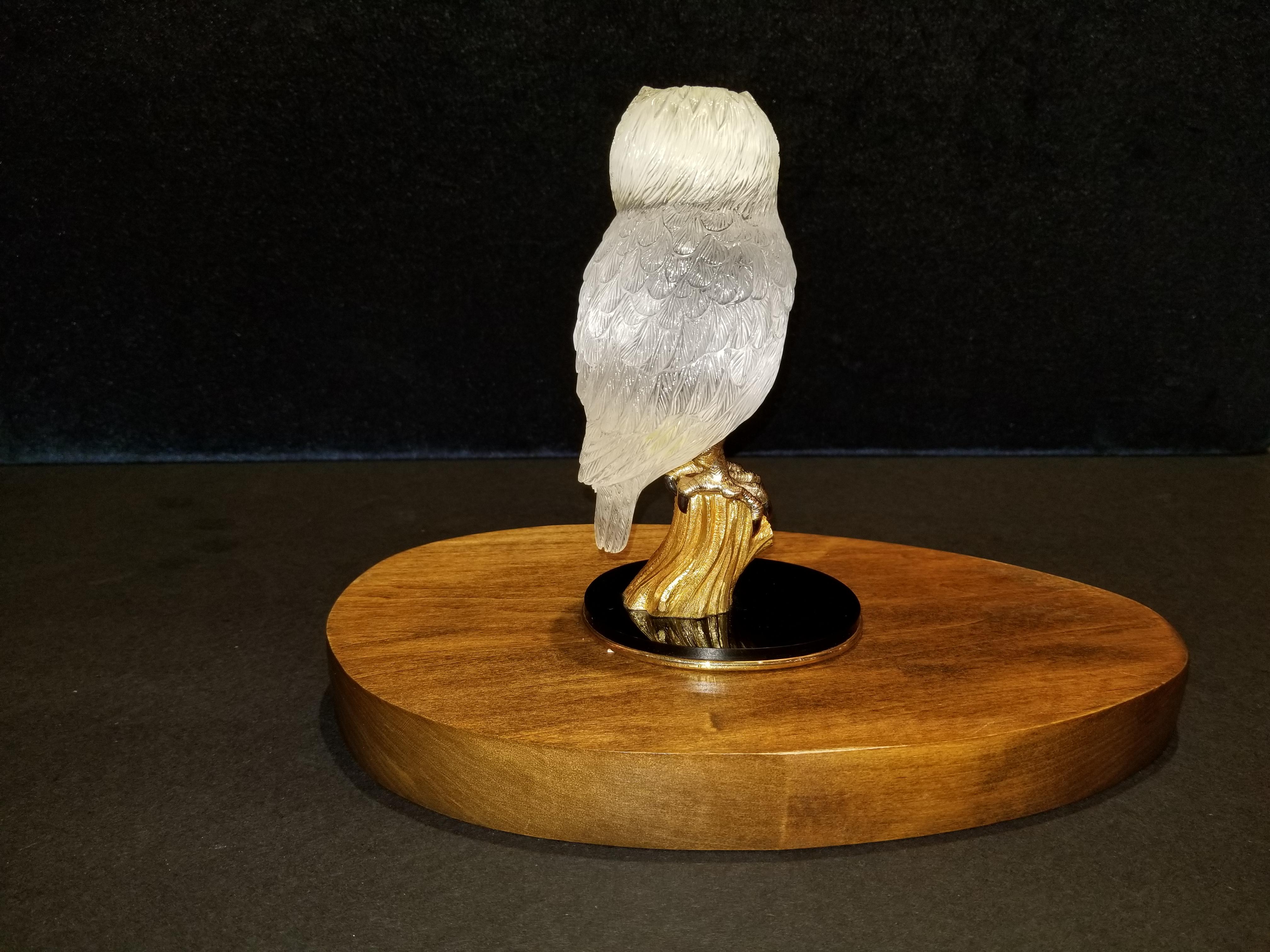 Signed Boucheron Rock Crystal and 18k Gold Owl Statue with Gold and Onyx Eyes 1