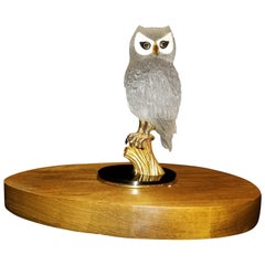 Signed Boucheron Rock Crystal and 18k Gold Owl Statue with Gold and Onyx Eyes
