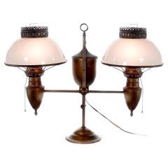 Signed Bradley and Hubbard Double Student Lamp, Crowned Milk Glass Shades