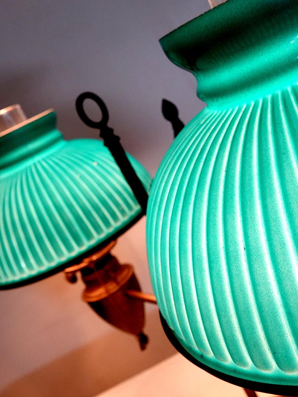 American Classical Signed Bradley and Hubbard Double Student Lamp, Green Shades