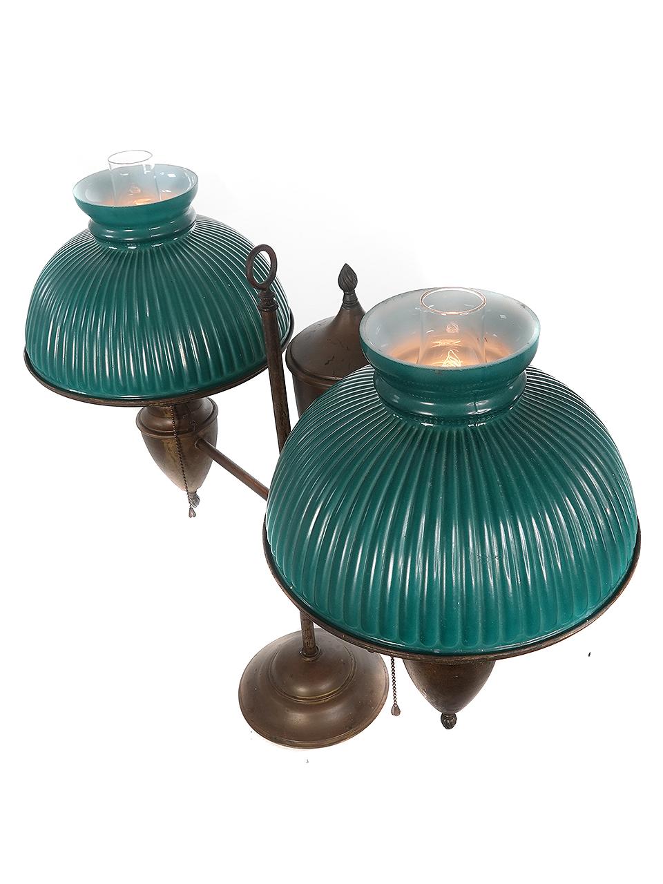 Signed Bradley and Hubbard Double Student Lamp, Green Shades In Good Condition In Peekskill, NY