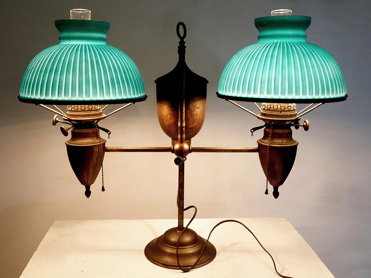 19th Century Signed Bradley and Hubbard Double Student Lamp, Green Shades