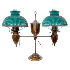 Antique Signed Bradley and Hubbard Double Student Lamp, Green Shades