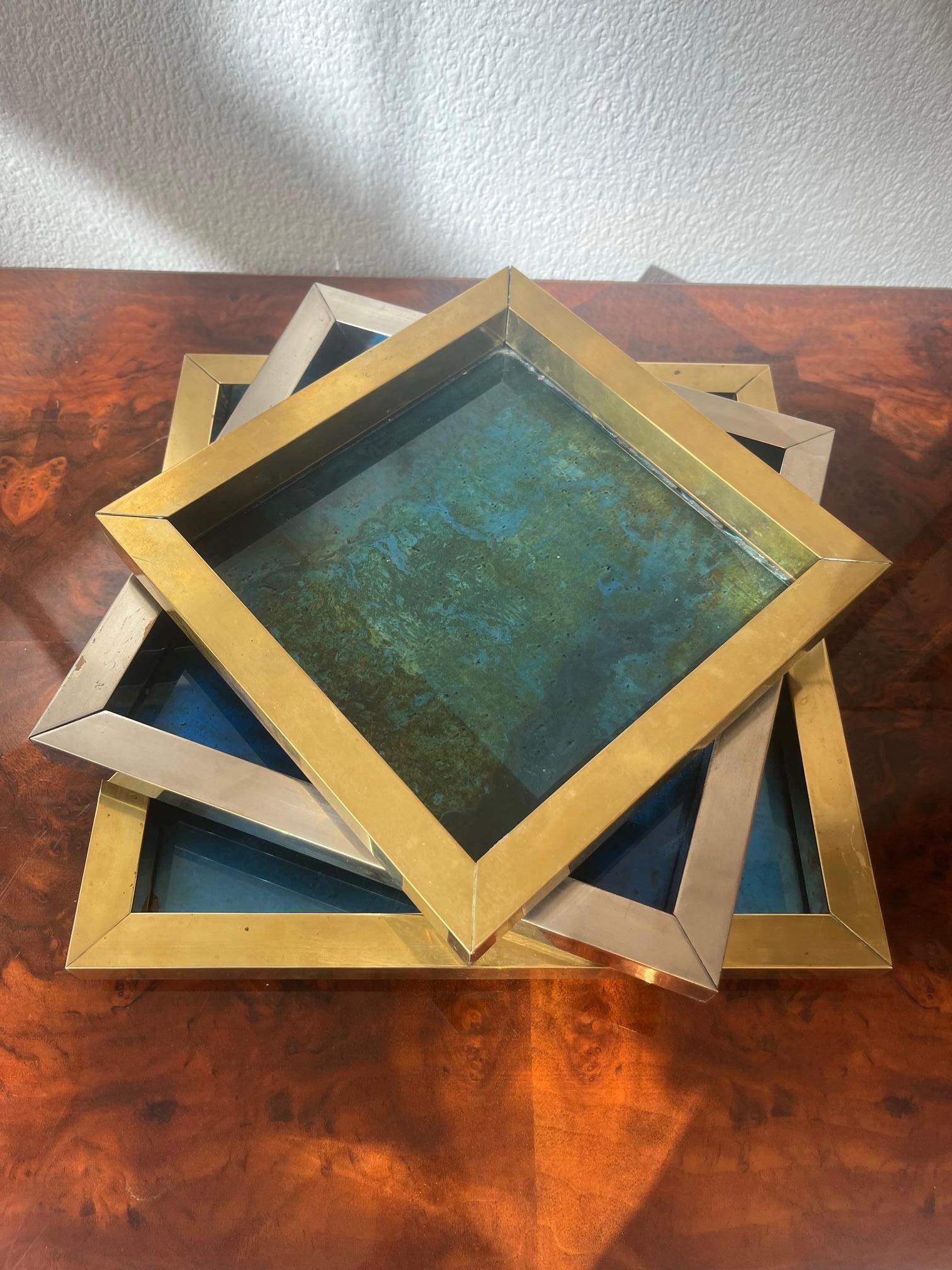 Signed Brass, Chrome & Decorative Glass Stacking Trays by Romeo Rega, 1970s For Sale 6