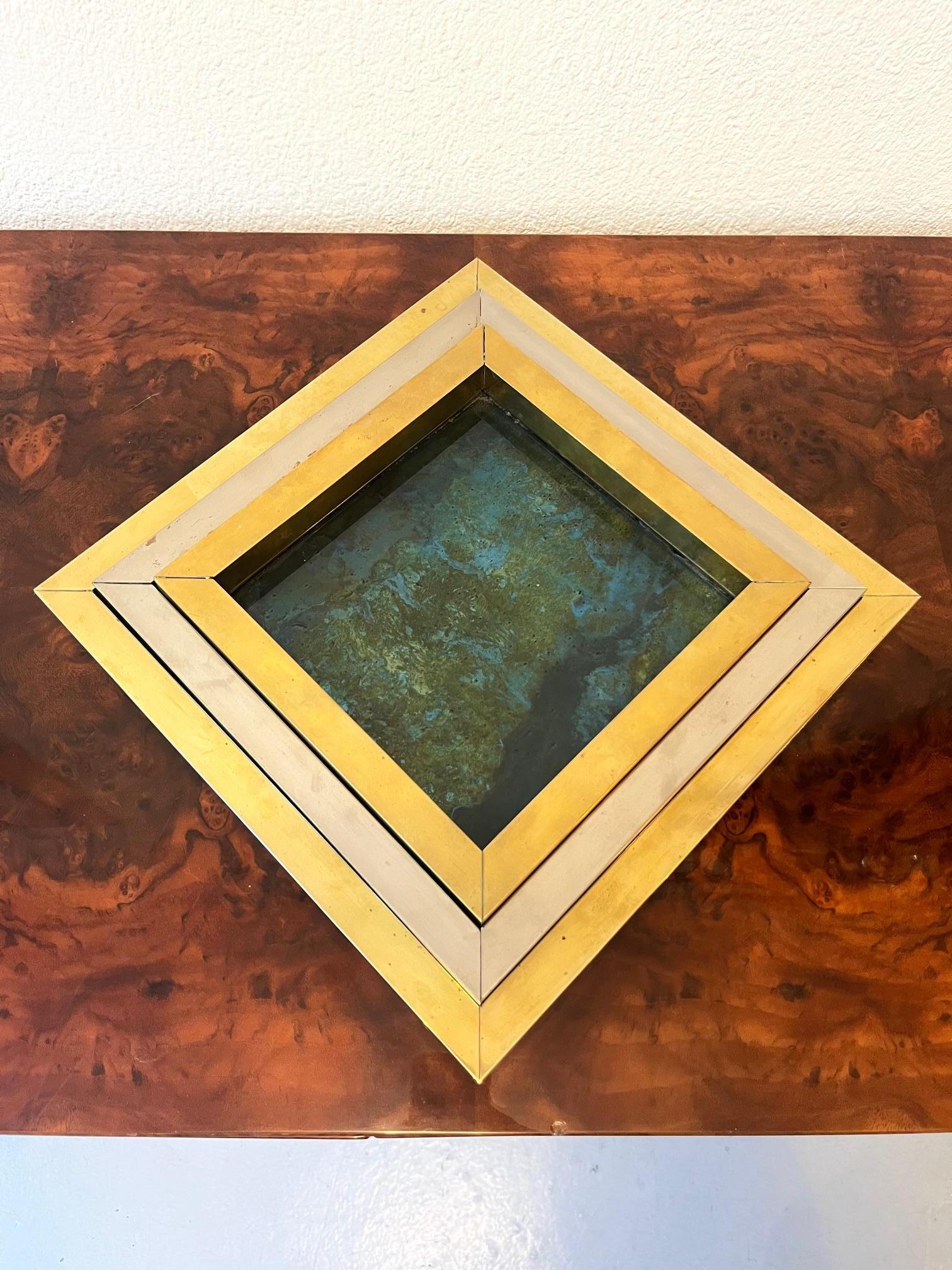 Italian Signed Brass, Chrome & Decorative Glass Stacking Trays by Romeo Rega, 1970s For Sale