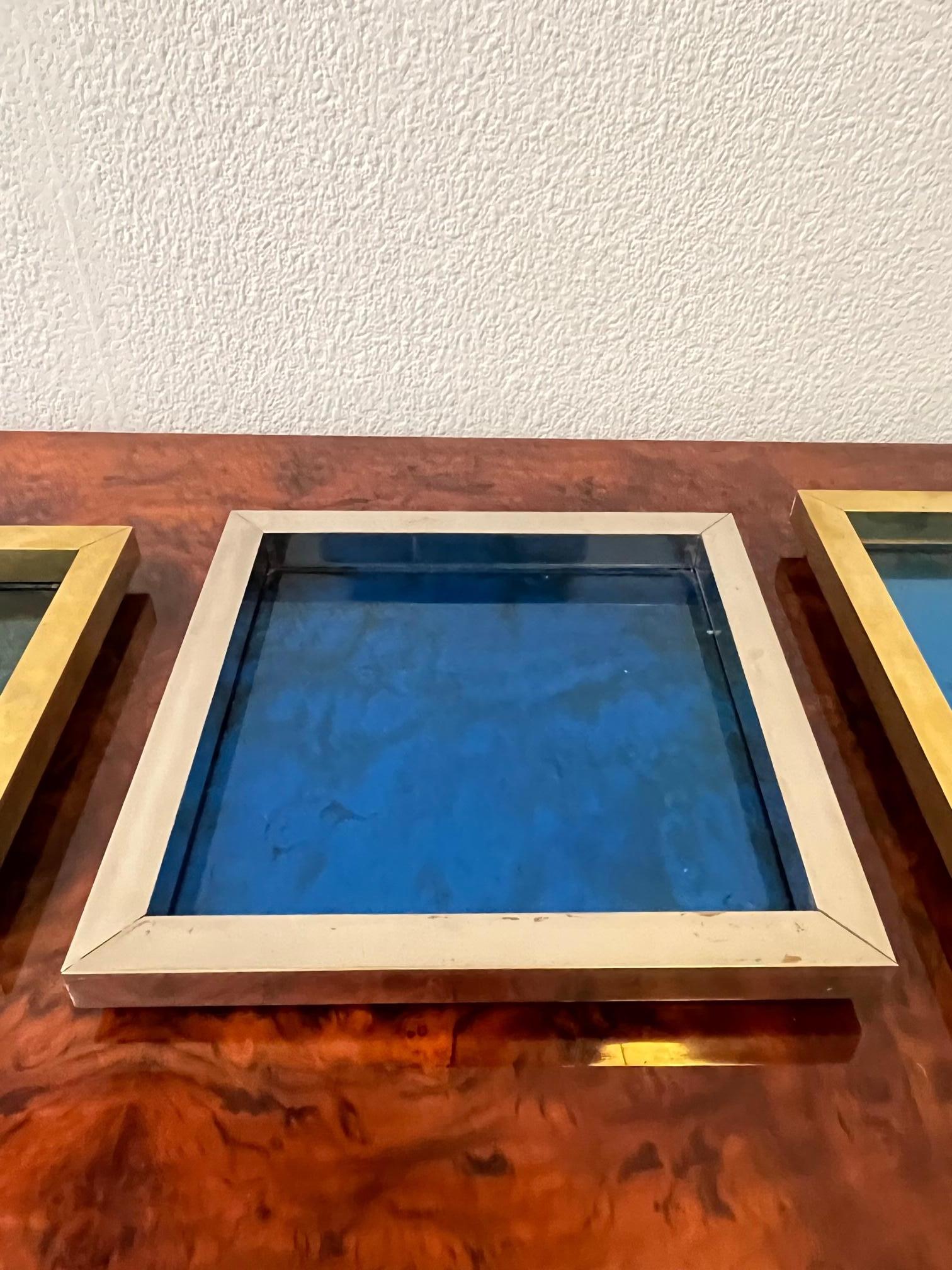 Signed Brass, Chrome & Decorative Glass Stacking Trays by Romeo Rega, 1970s In Good Condition For Sale In Geneva, CH