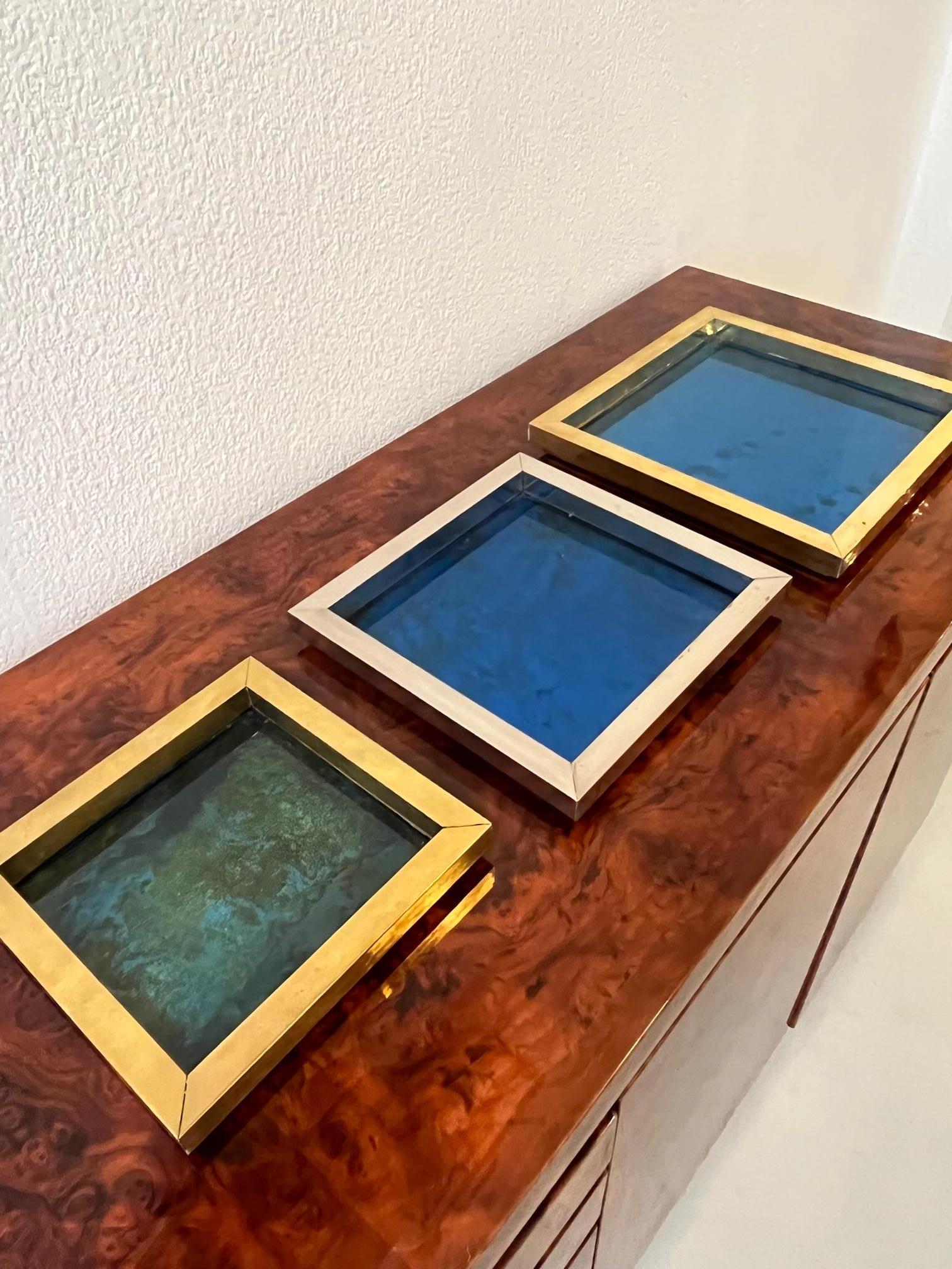 Signed Brass, Chrome & Decorative Glass Stacking Trays by Romeo Rega, 1970s For Sale 1