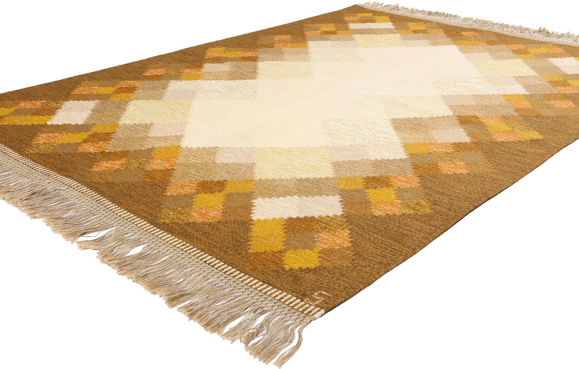 78259 Brita Svefors Vintage Swedish Kilim Rollakan Rug, 5'06 x 7'07. Originating from Sweden, Brita Svefors's Swedish Rollakan rugs are emblematic of traditional flat-woven craftsmanship, celebrated for their vivid colors and intricate geometric
