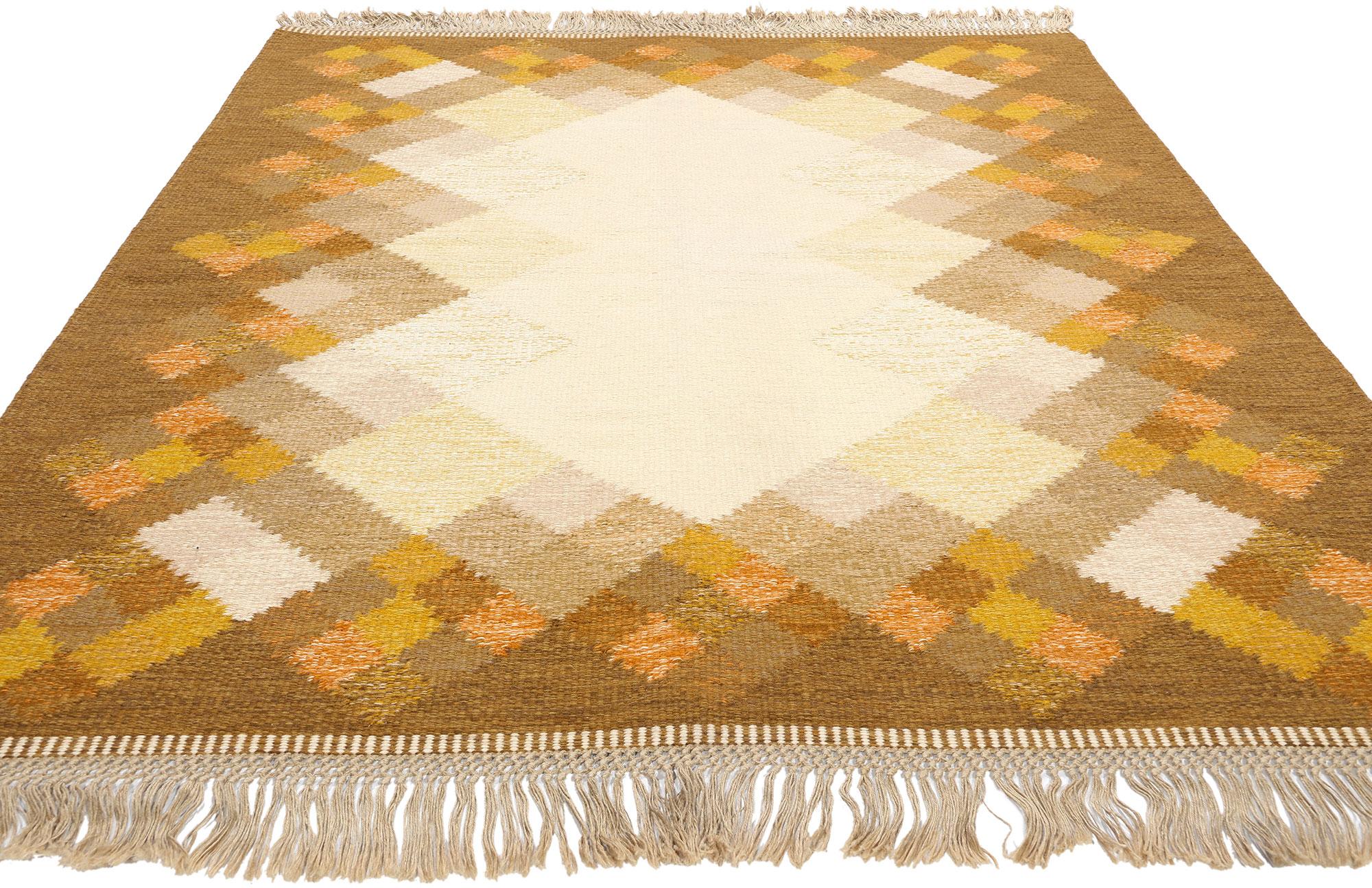 Scandinavian Modern Signed Brita Svefors Vintage Swedish Rollakan Rug, Opal in Ockrabrun  For Sale