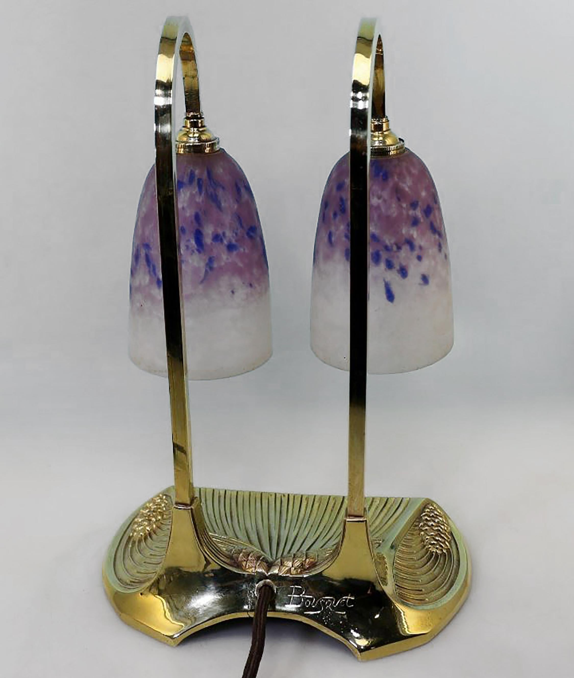 Art Nouveau Signed Bronze Bousquet Double Lamp Schneider Pâte De Verre Glass, 1910 For Sale