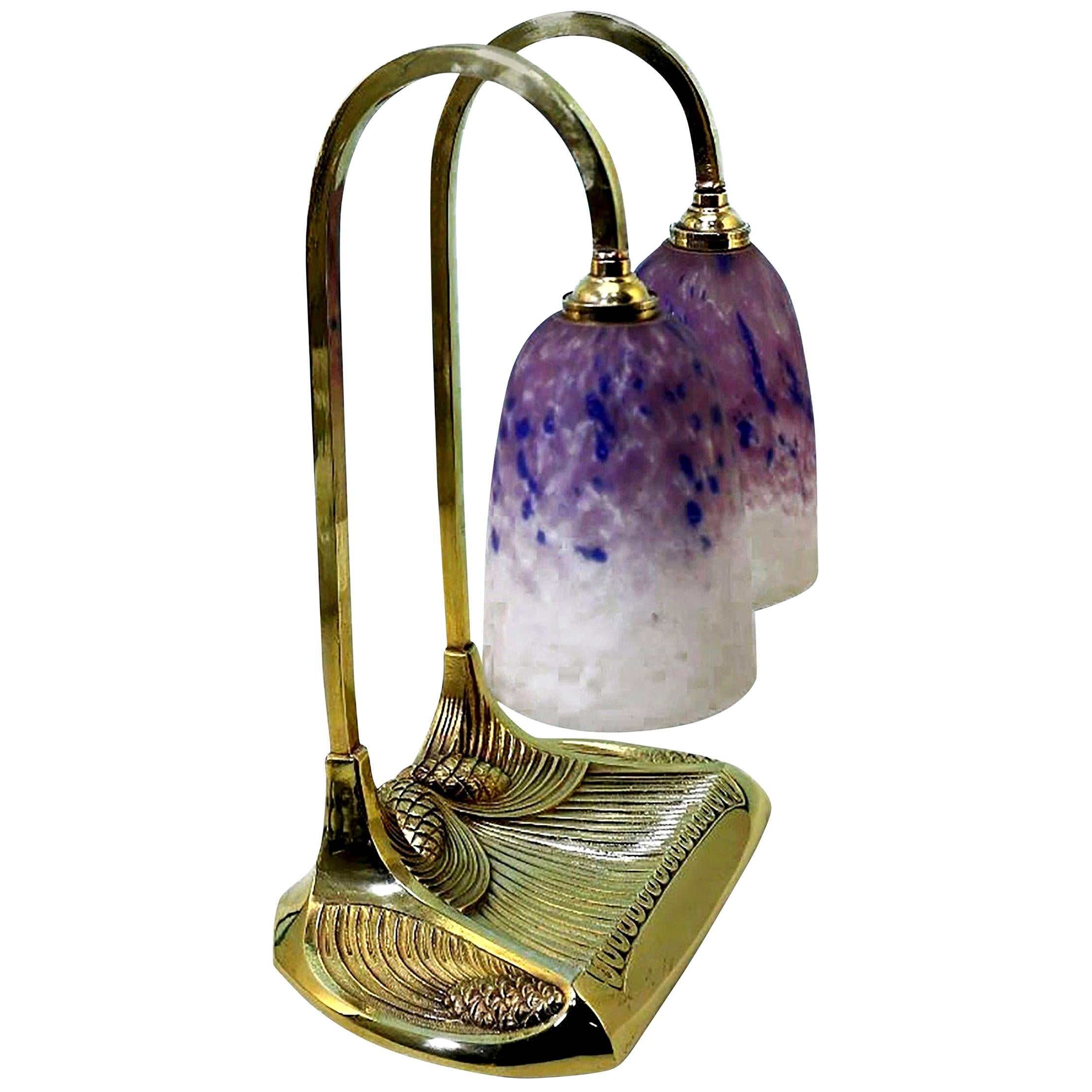 Signed Bronze Bousquet Double Lamp Schneider Pâte De Verre Glass, 1910