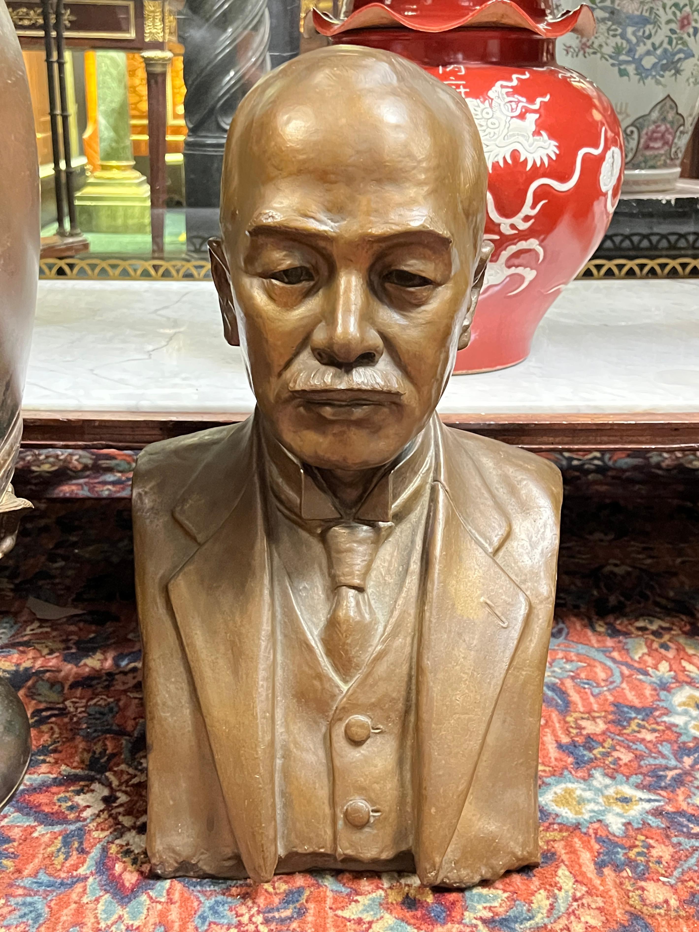 Patinated Signed Bronze Bust of a Japanese Gentleman in Western Attire Dated 1928 For Sale