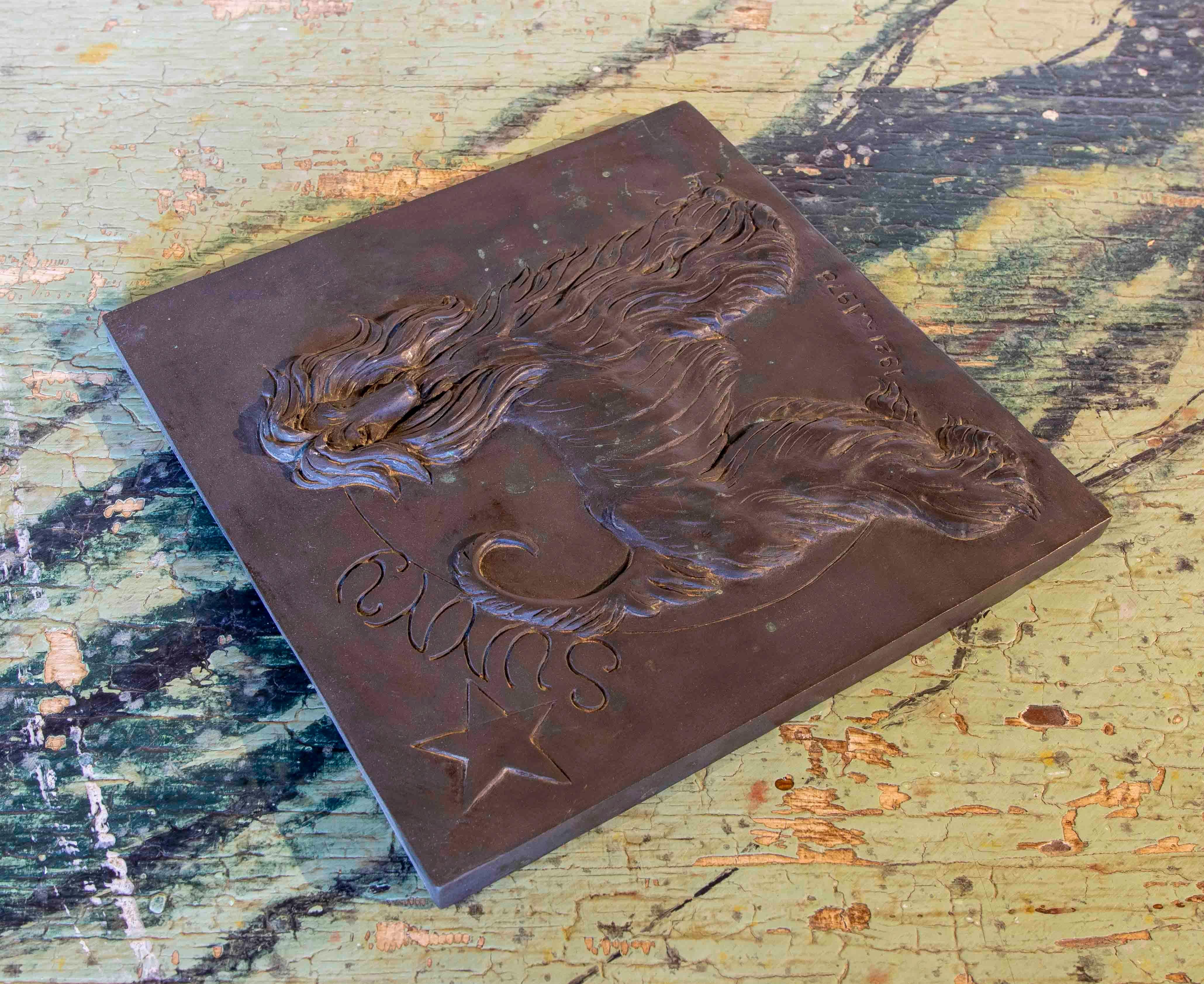 Signed Bronze Commemorative Plaque with Image of Dog and 