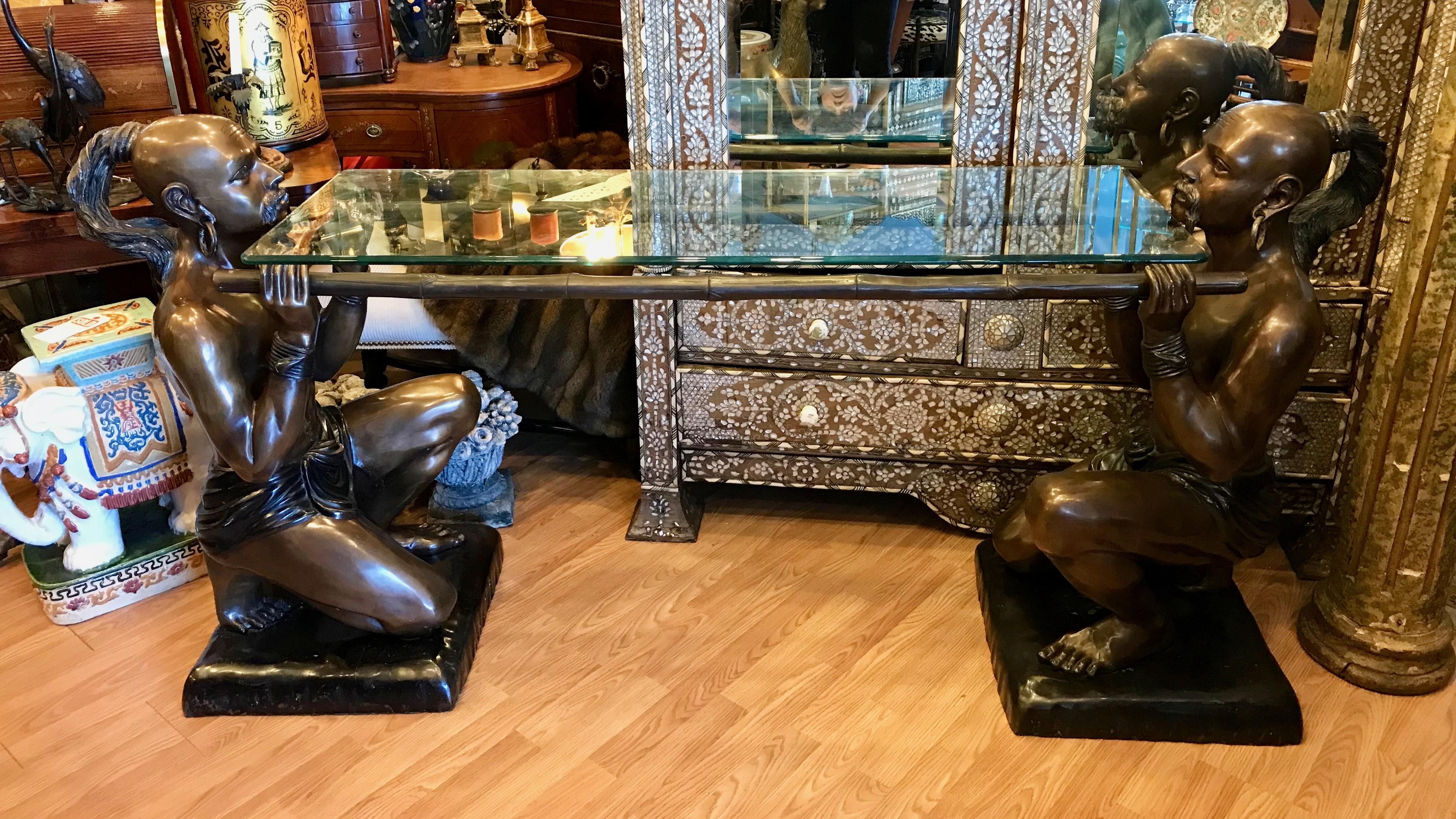 Signed Bronze Console / Sofa Table Supported by Life Size Figures of Tatars In Good Condition For Sale In West Palm Beach, FL