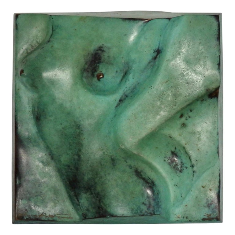 Signed Bronze Female Bust Sculpture in Green Patina For Sale