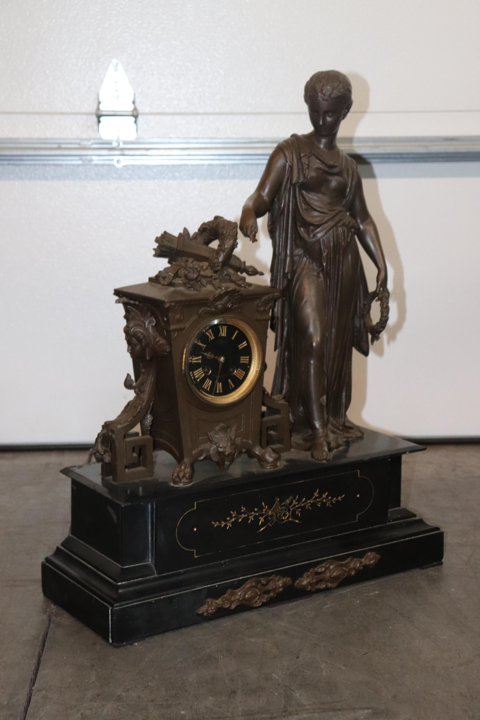 Neoclassical Revival Signed Bronze Figural French Mantle Mantel Clock a. Petit circa 1900