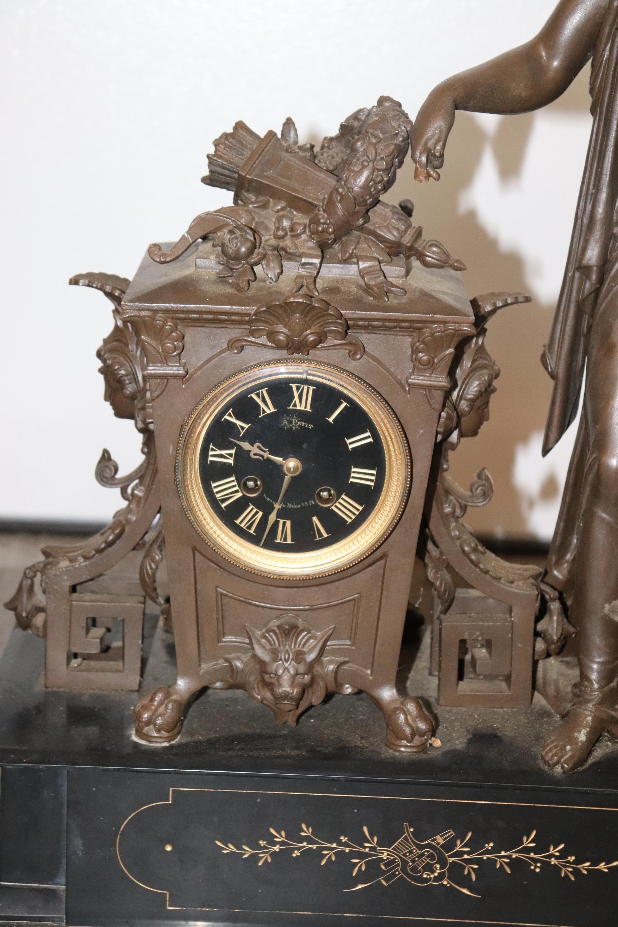 Signed Bronze Figural French Mantle Mantel Clock a. Petit circa 1900 2