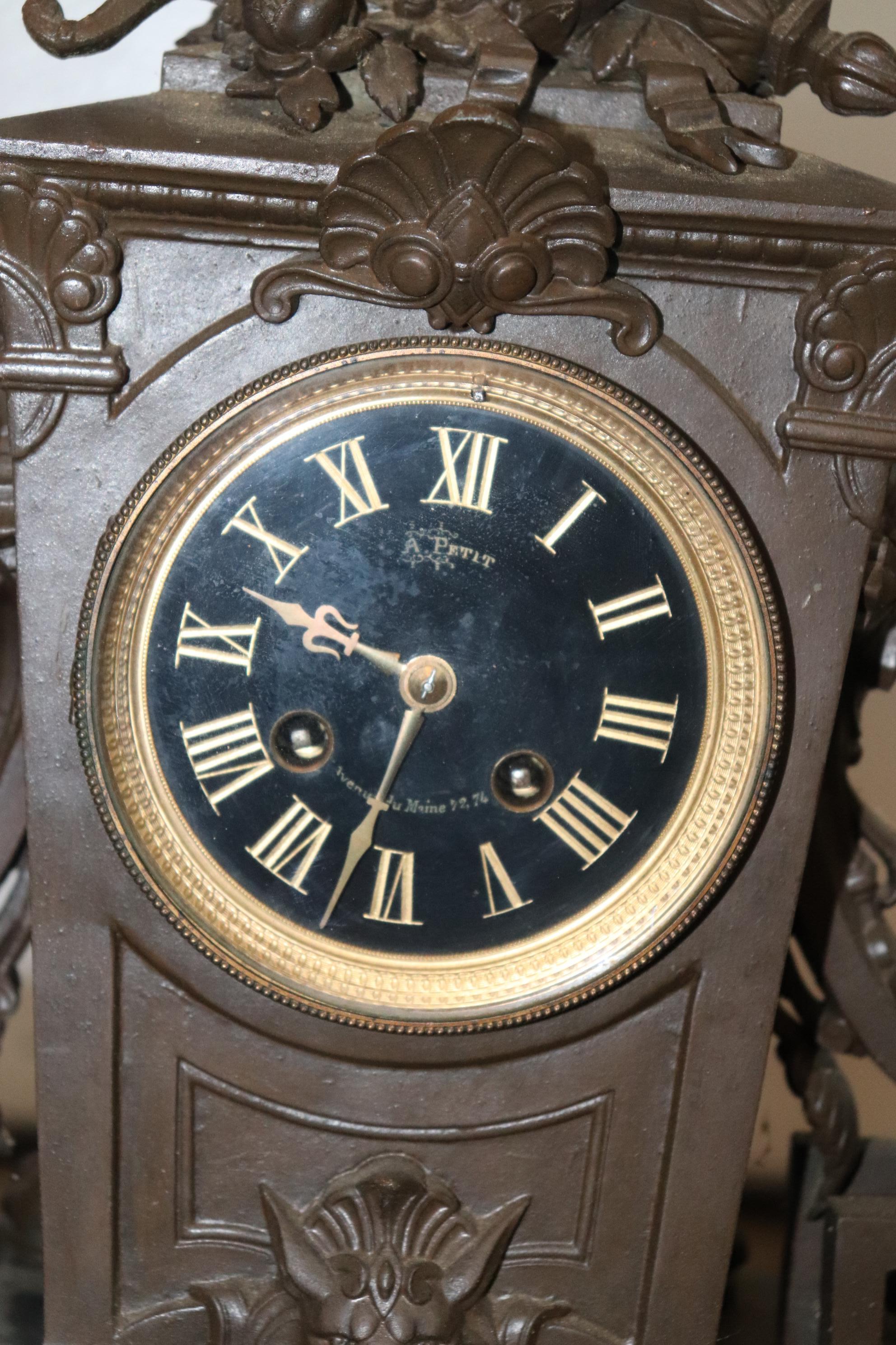 Signed Bronze Figural French Mantle Mantel Clock a. Petit circa 1900 3