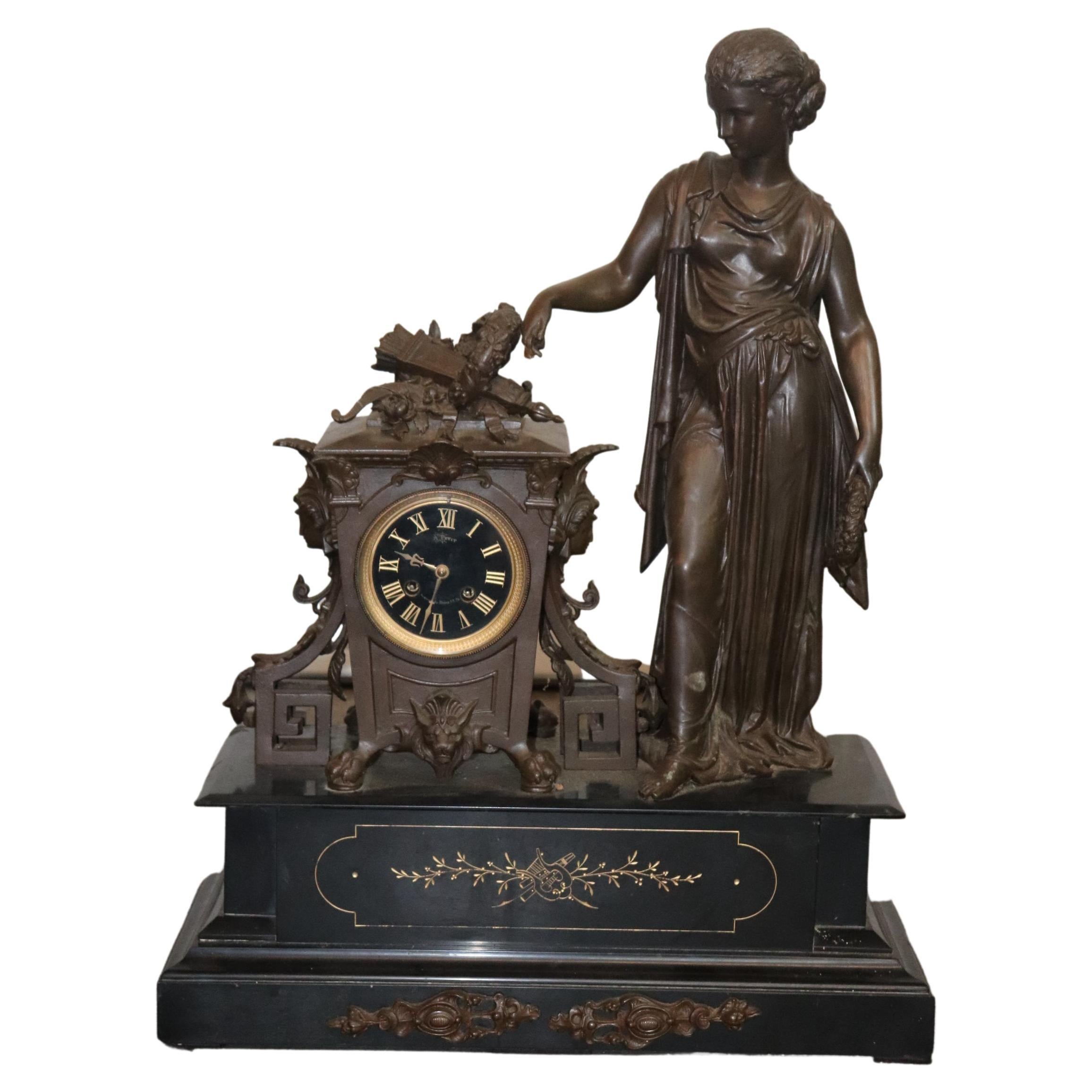 Signed Bronze Figural French Mantle Mantel Clock a. Petit circa 1900