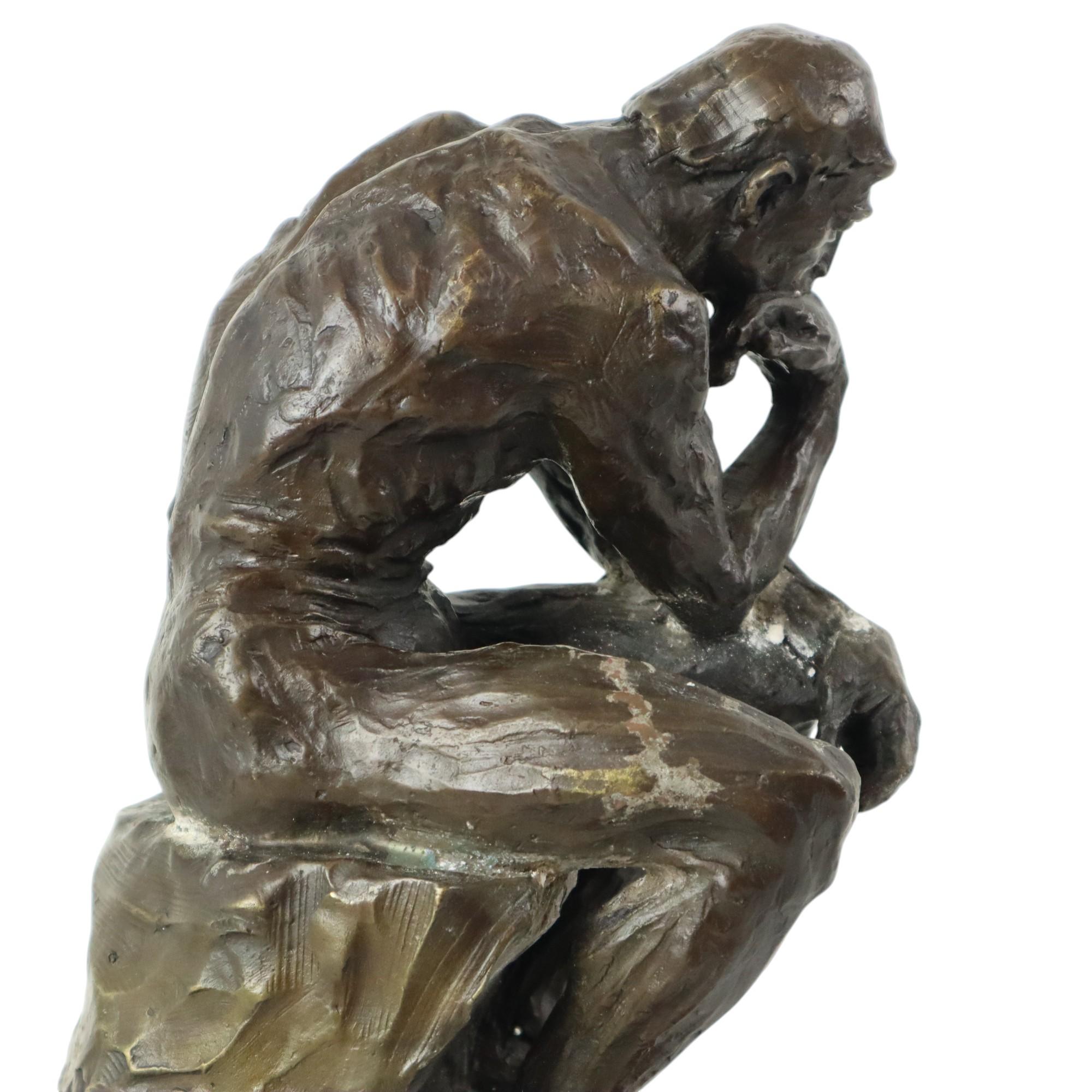 Neoclassical Signed Bronze Sculpture The Thinker Marble Base After Auguste Rodin 30cm