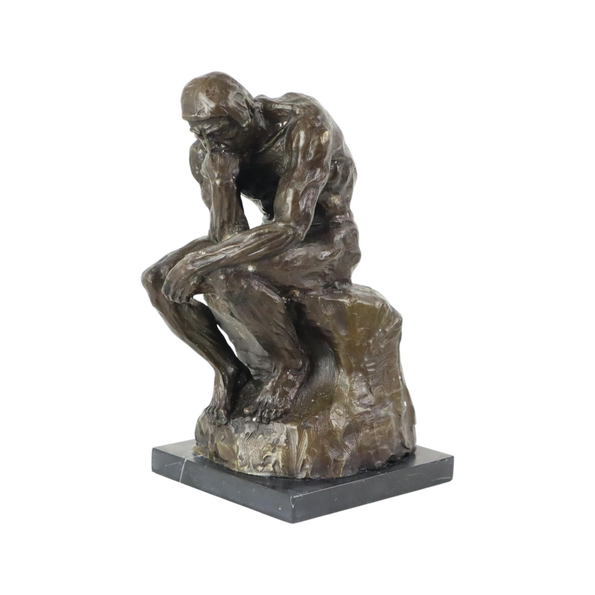 Signed Bronze Sculpture The Thinker Marble Base After Auguste Rodin 30cm 1