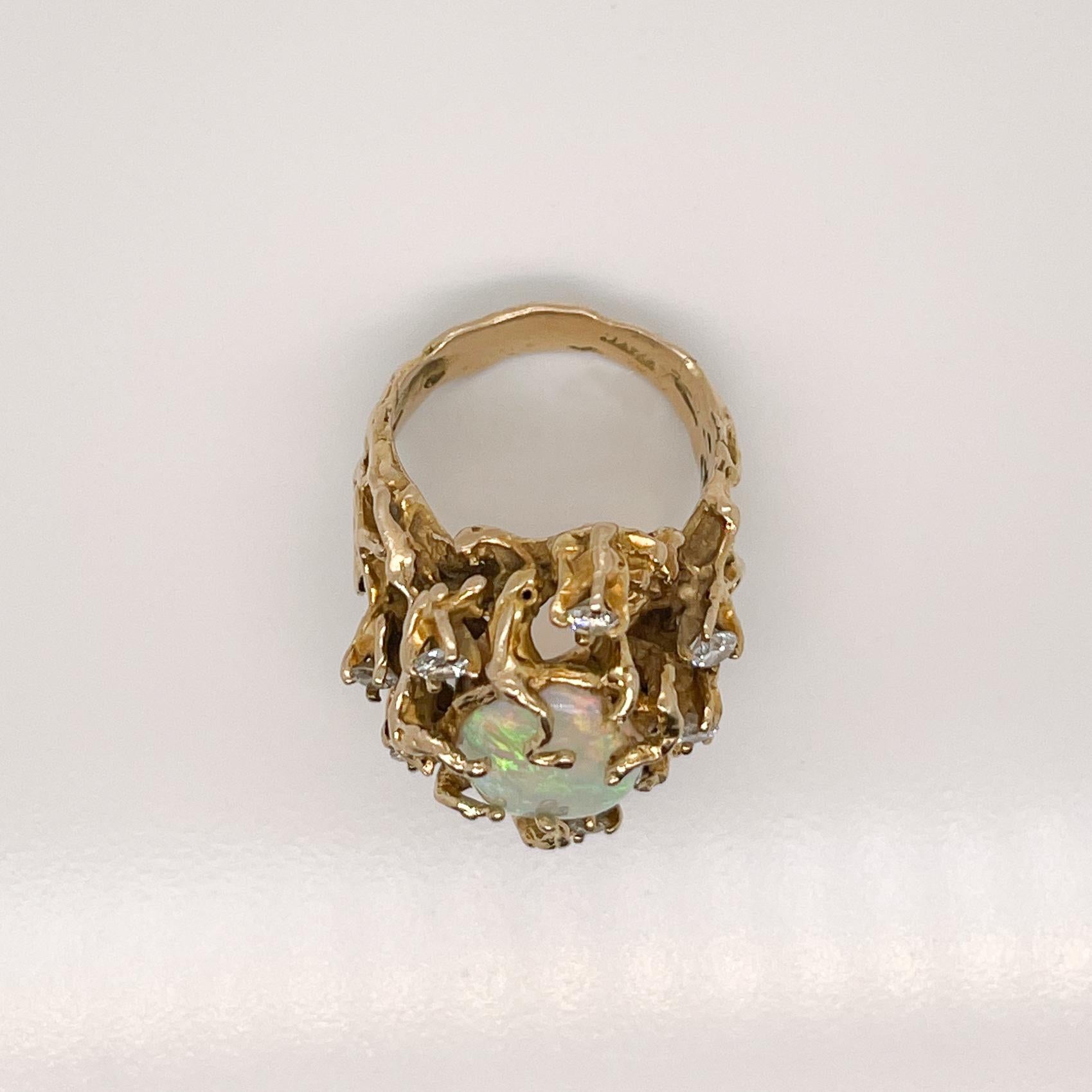 Signierter brutalistischer 14 Karat Gold Opal & Diamantring 7