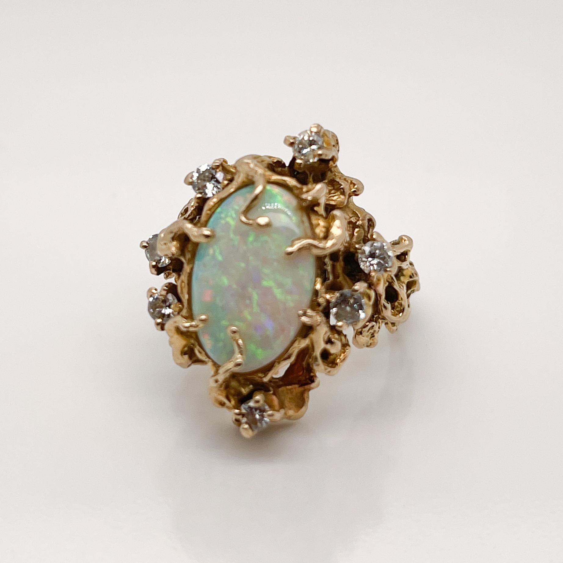 Modernist Signed Brutalist 14 Karat Gold Opal & Diamond Ring