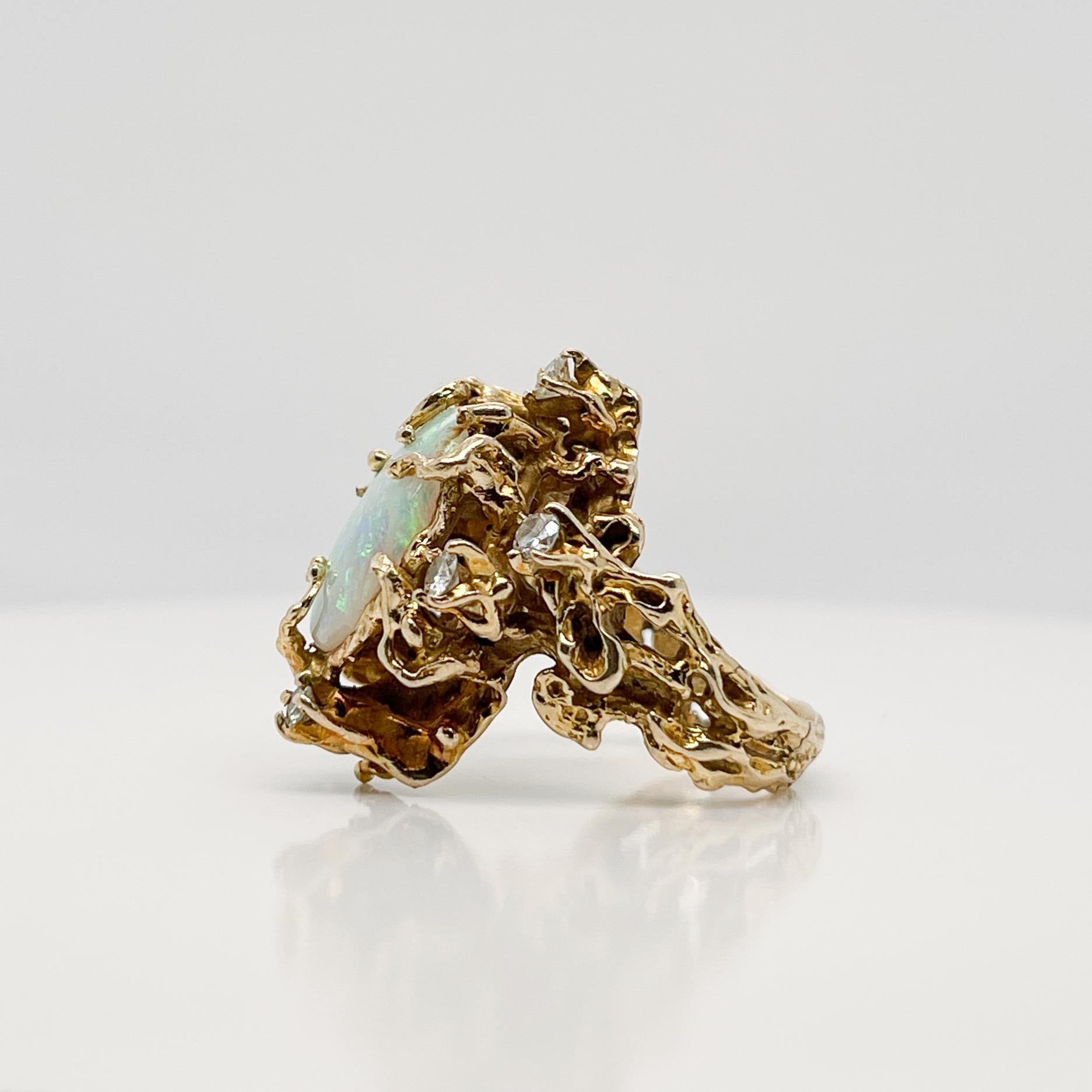 Signierter brutalistischer 14 Karat Gold Opal & Diamantring 2