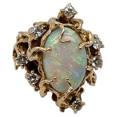 Vintage Signed Brutalist 14 Karat Gold Opal & Diamond Ring