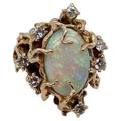 Signed Brutalist 14 Karat Gold Opal & Diamond Ring