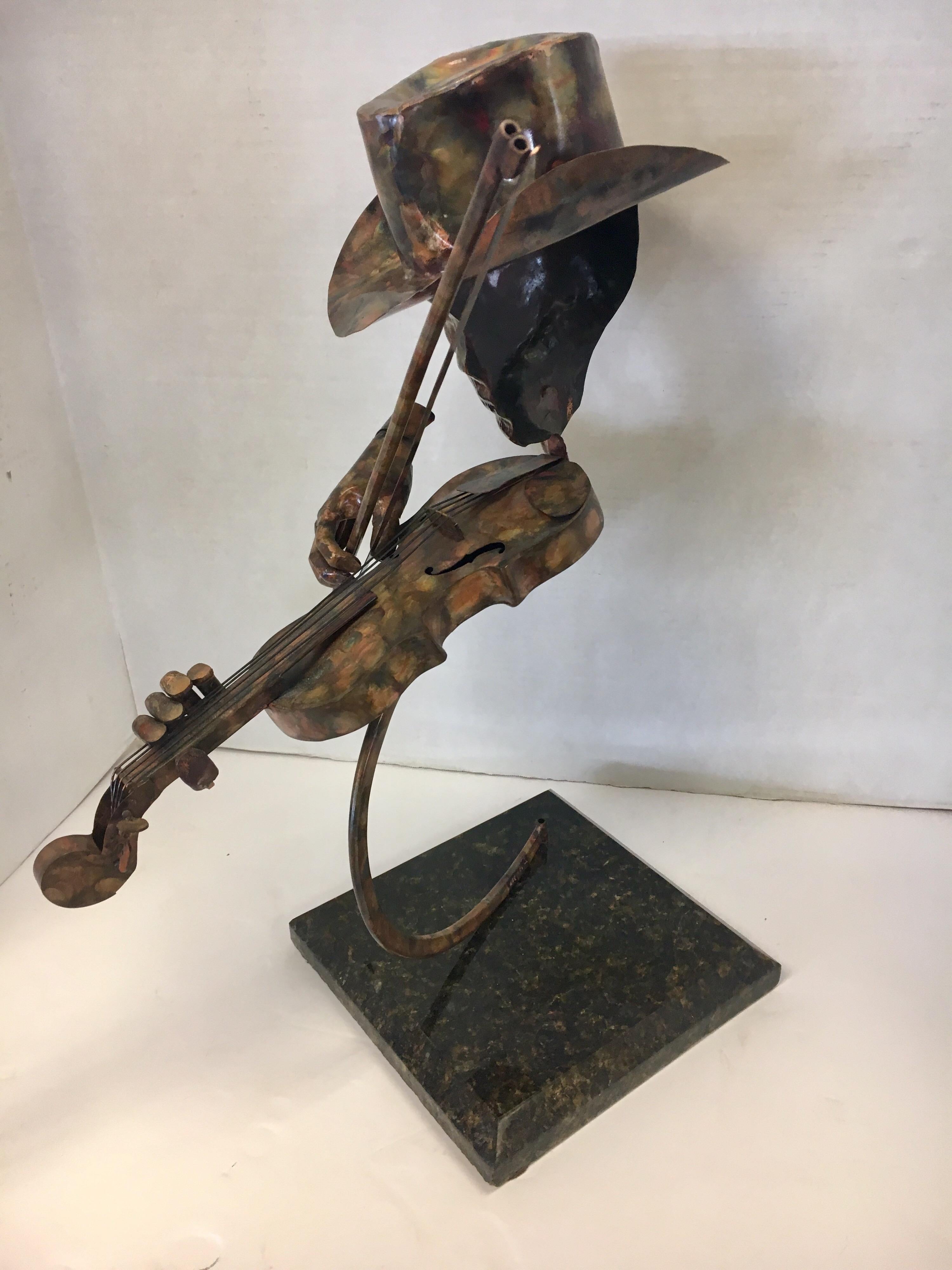 Signed Brutalist Style Metal Sculpture Joseph Q. Music Figure Marble Base 5