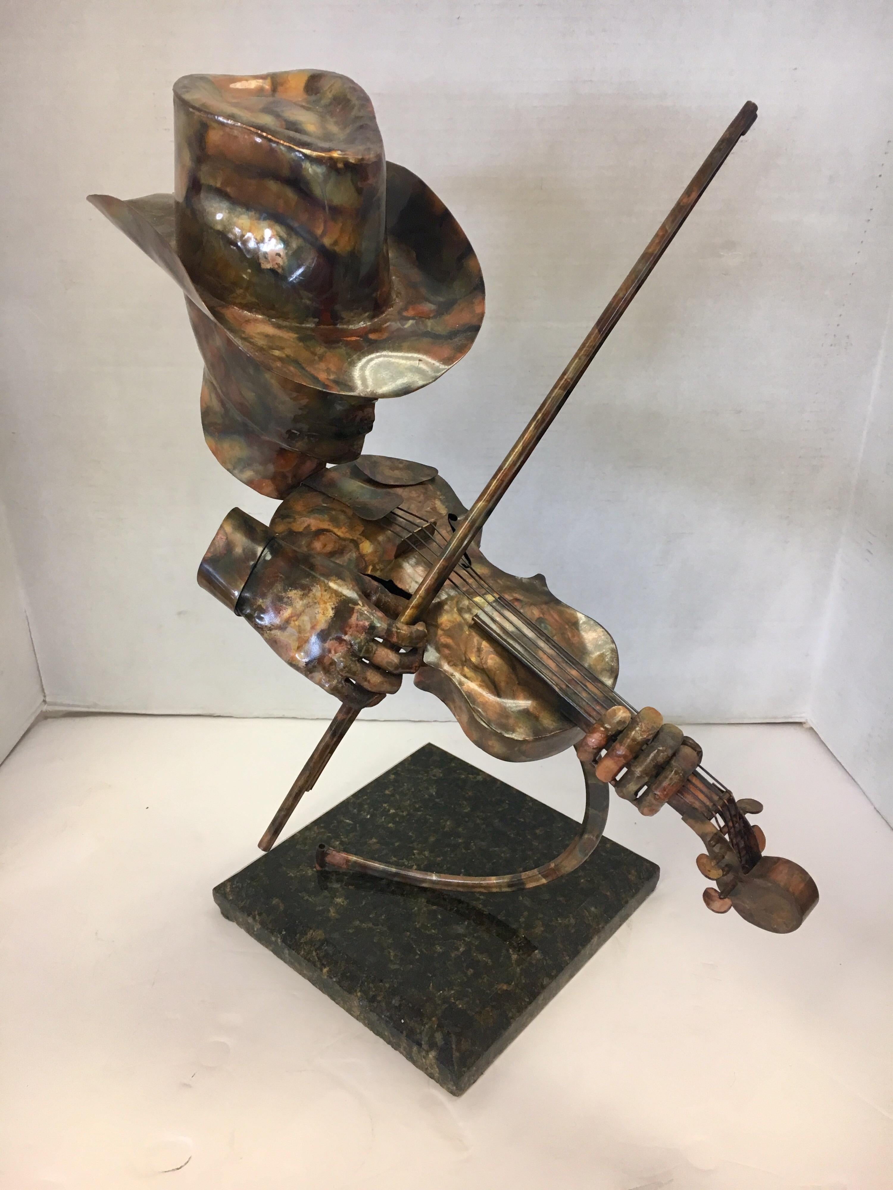 American Signed Brutalist Style Metal Sculpture Joseph Q. Music Figure Marble Base