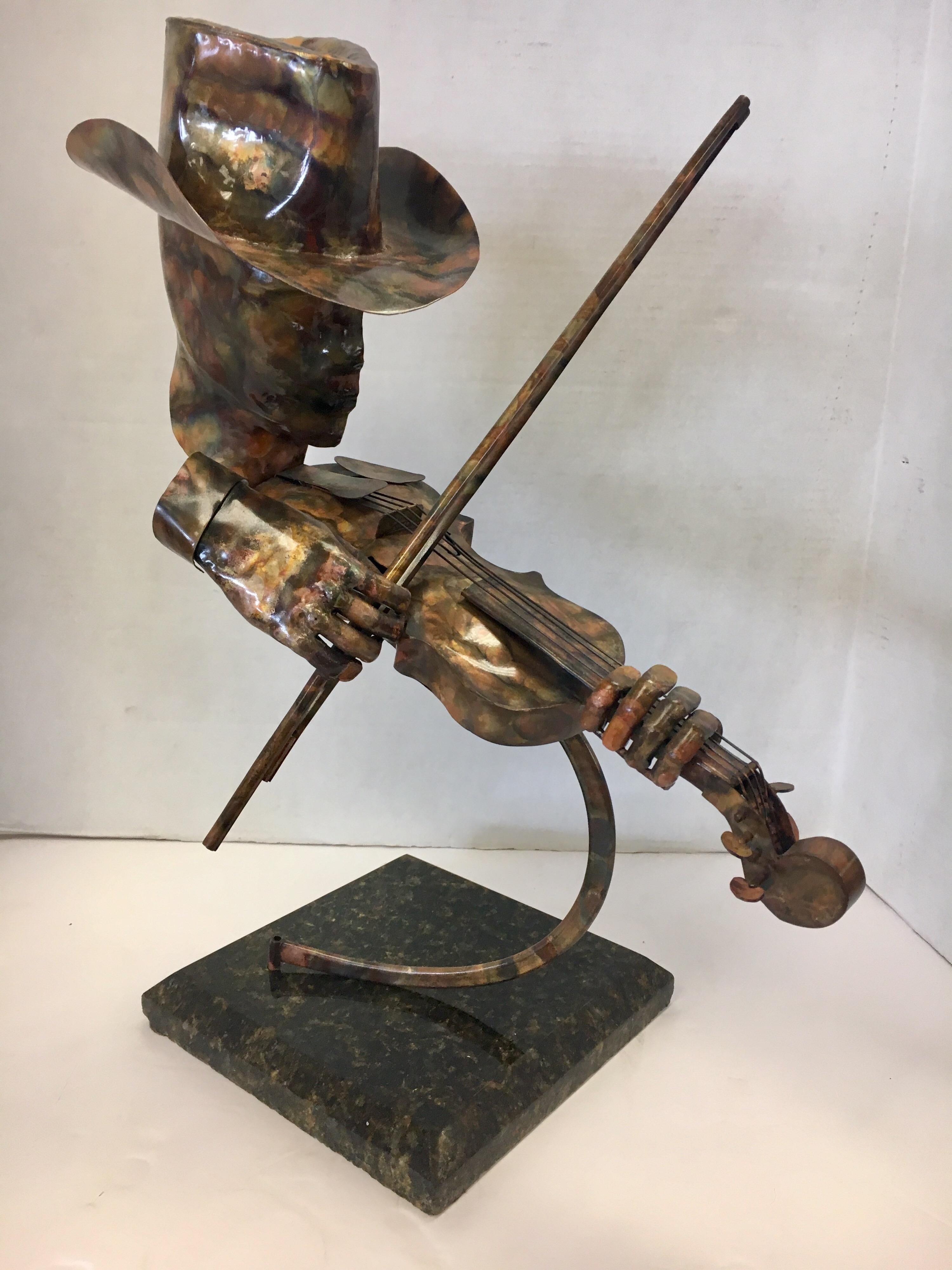 Signed Brutalist Style Metal Sculpture Joseph Q. Music Figure Marble Base In Good Condition In West Hartford, CT