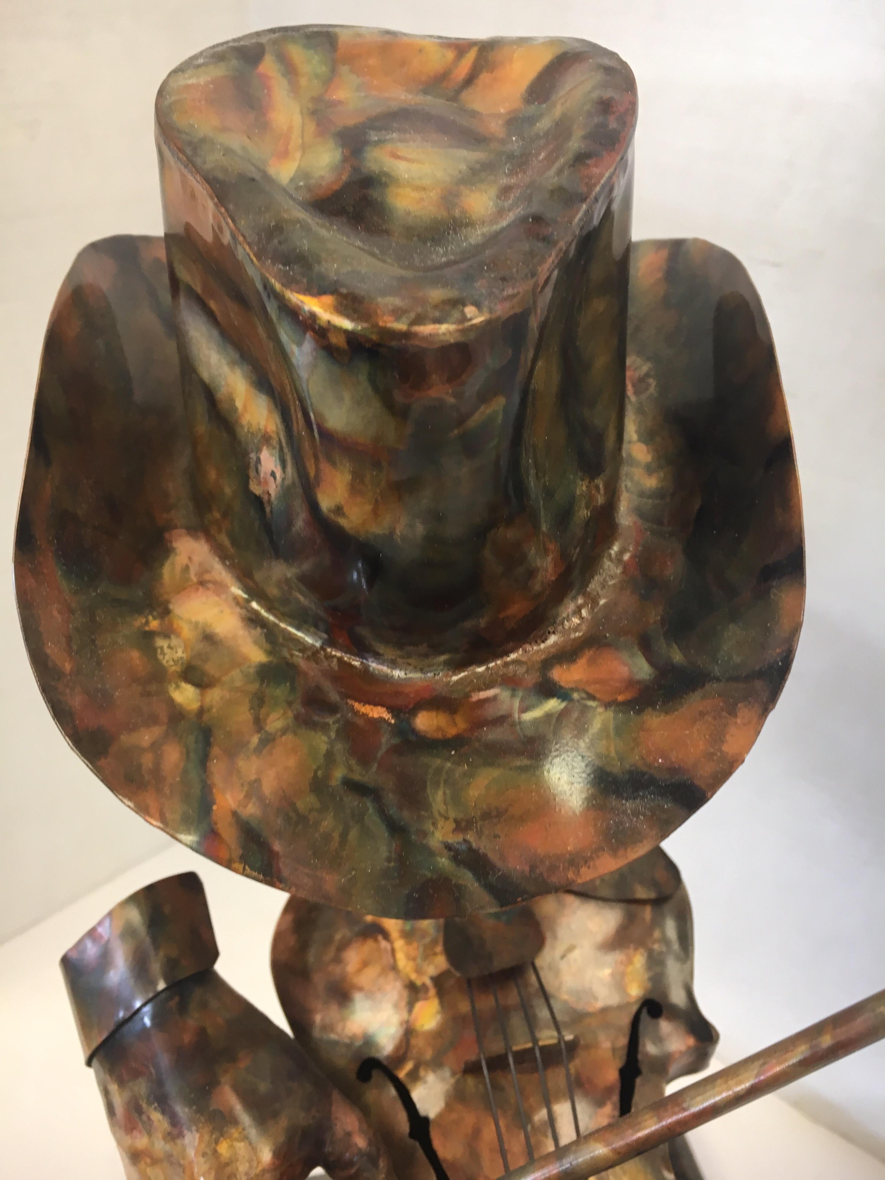 Signed Brutalist Style Metal Sculpture Joseph Q. Music Figure Marble Base 3