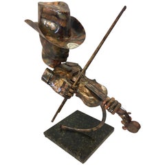 Signed Brutalist Style Metal Sculpture Joseph Q. Music Figure Marble Base