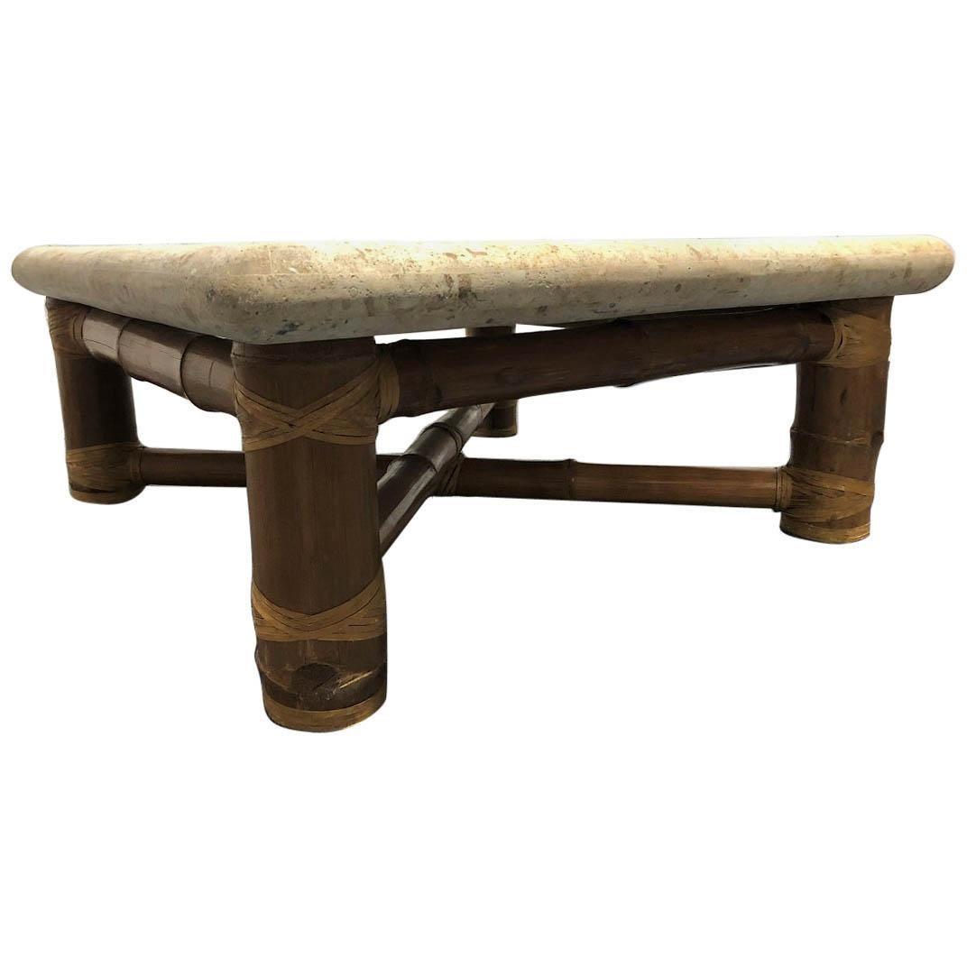 Signed Budji Layug Bamboo and Fossiliferous Limestone Top Coffee Table For Sale