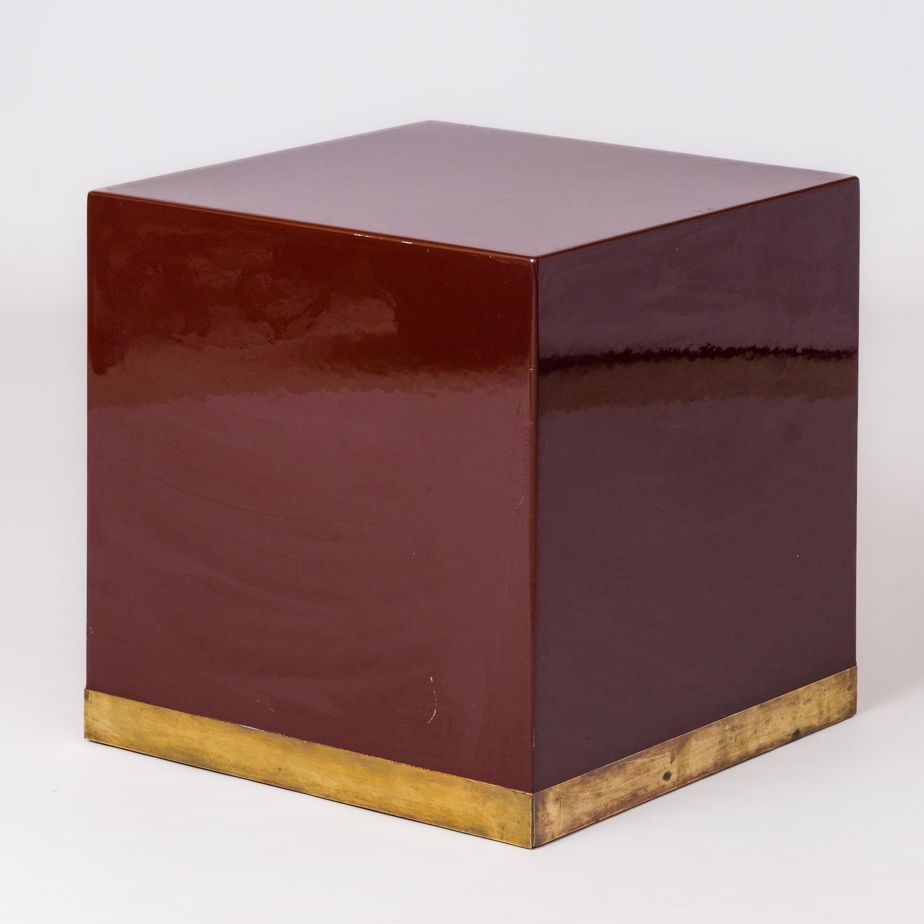 French Signed Burgundy Lacquer & Brass End Table by Jean Claude Mahey - France 1970's For Sale