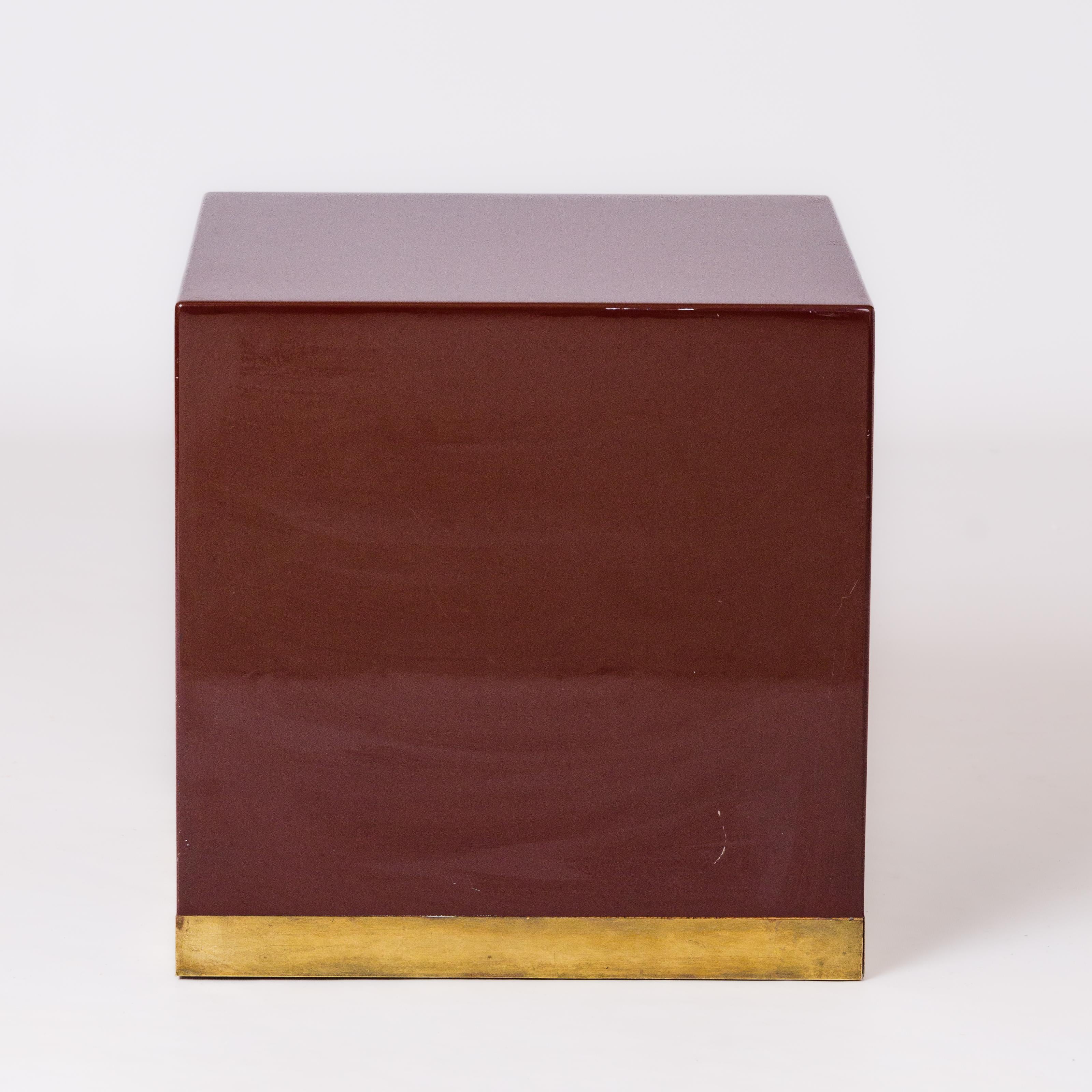Signed Burgundy Lacquer & Brass End Table by Jean Claude Mahey - France 1970's In Fair Condition For Sale In New York, NY