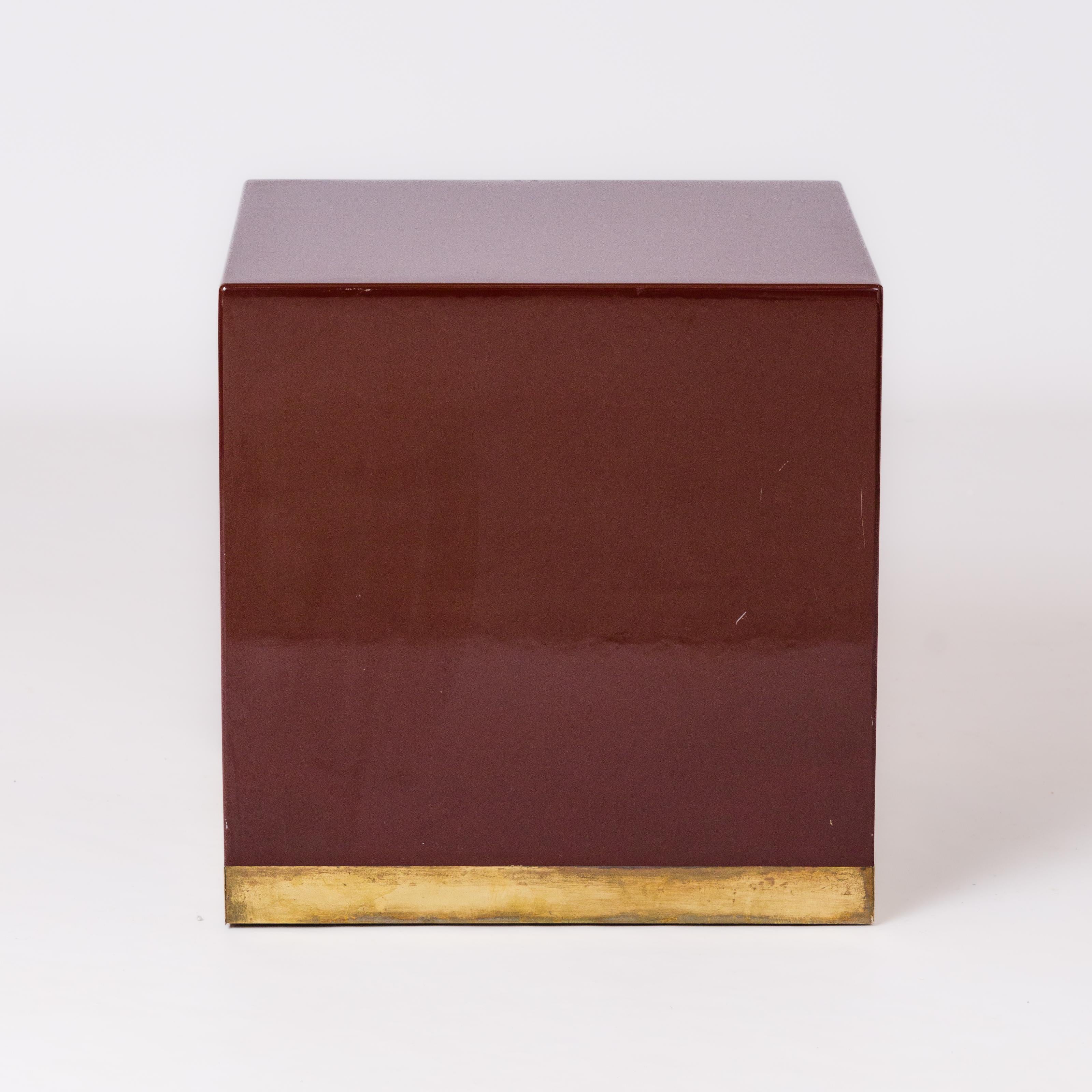 Late 20th Century Signed Burgundy Lacquer & Brass End Table by Jean Claude Mahey - France 1970's For Sale