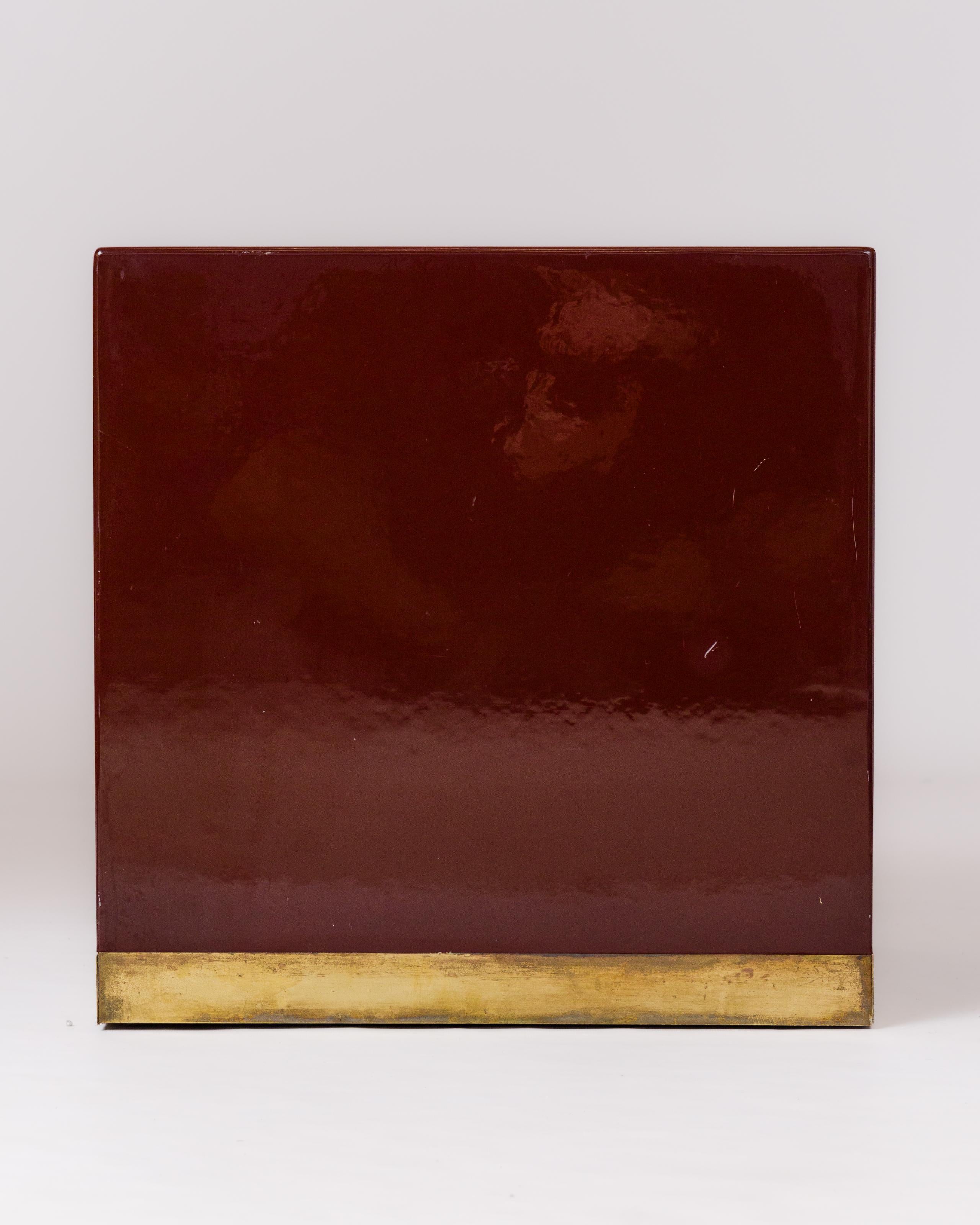 Signed Burgundy Lacquer & Brass End Table by Jean Claude Mahey - France 1970's For Sale 1