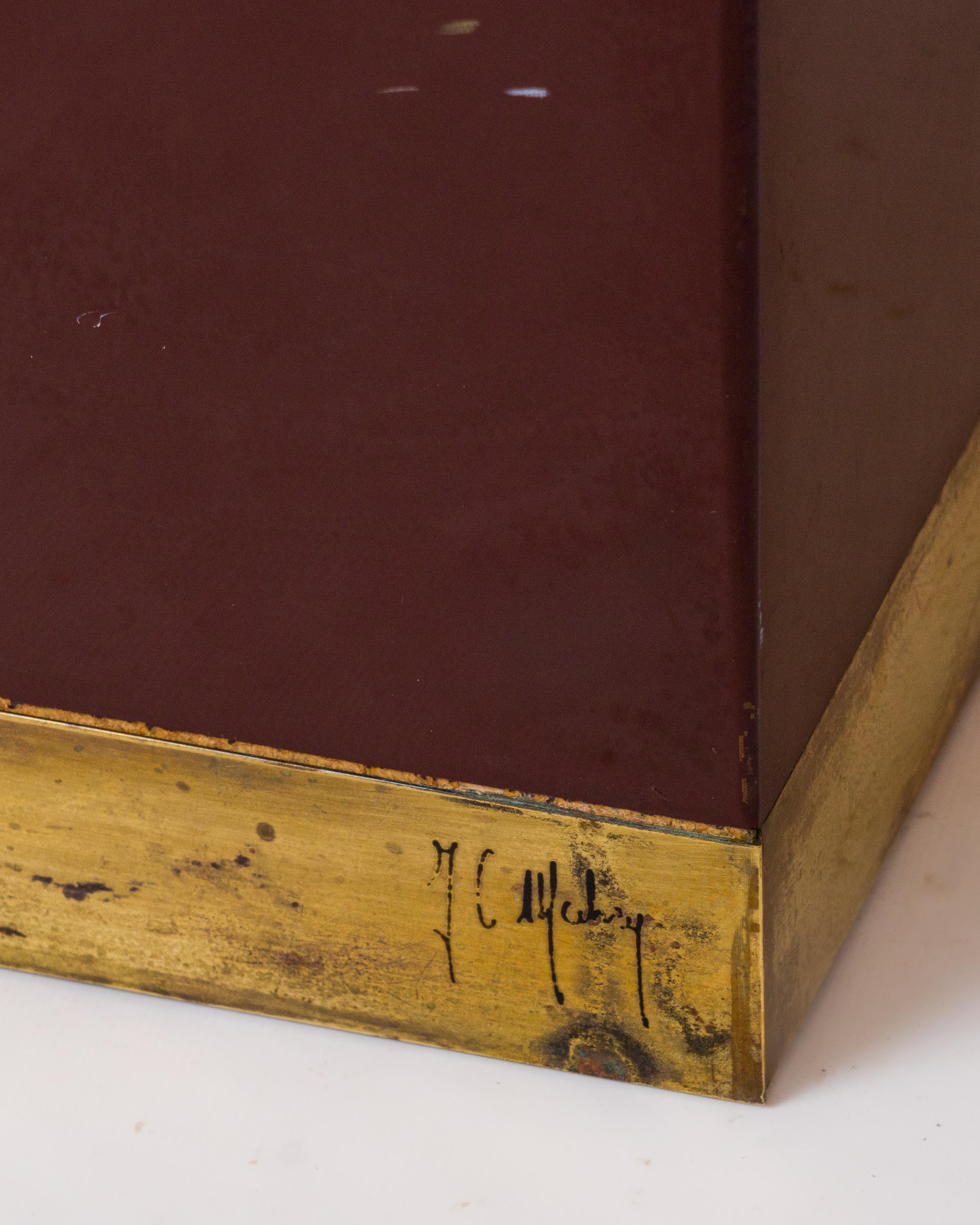 Signed Burgundy Lacquer & Brass End Table by Jean Claude Mahey - France 1970's For Sale 2
