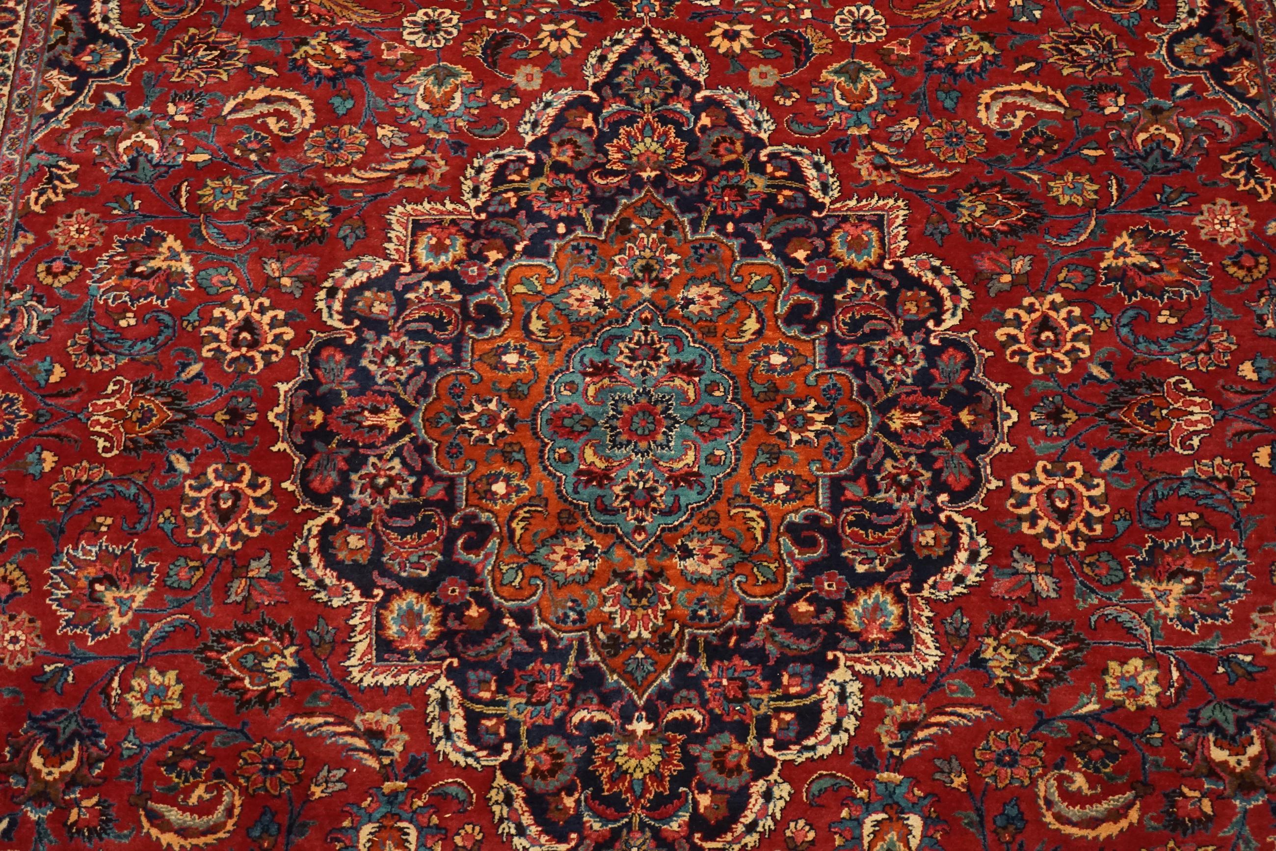 Hand-Knotted Signed Burgundy Persian Mashad For Sale