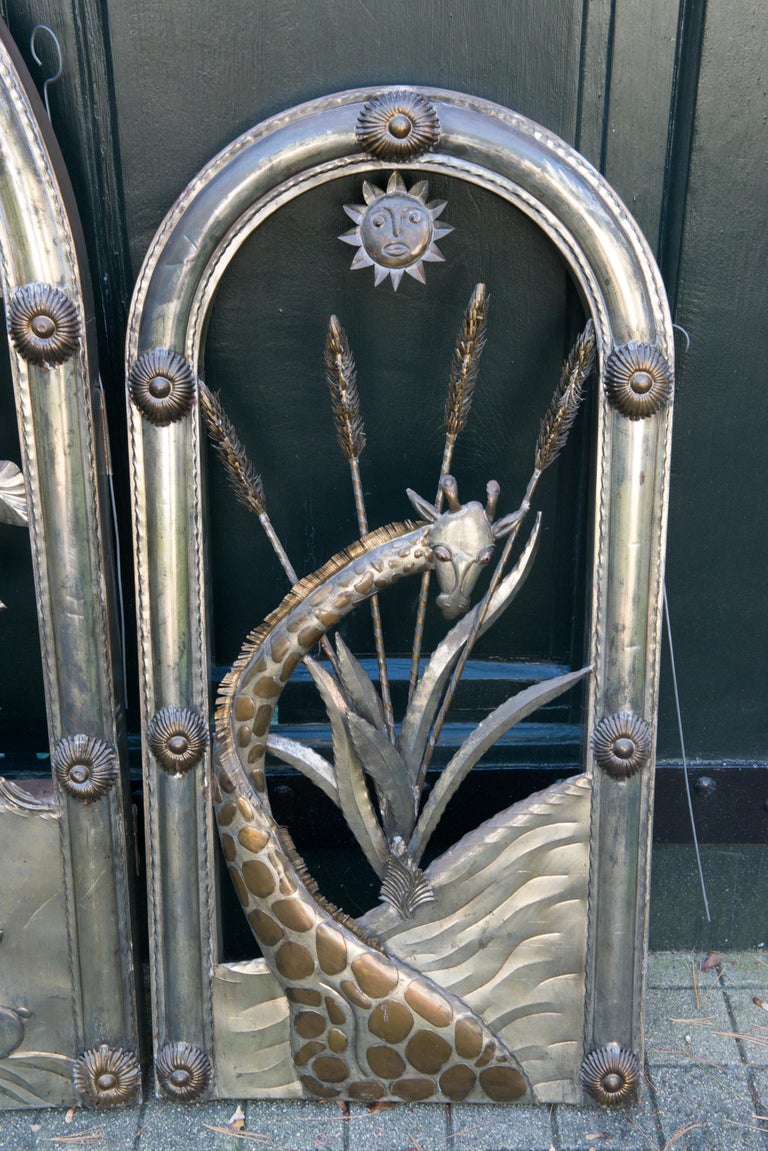 Hand-Crafted Signed Bustamante Brass Fireplace Screen / Wall Animal Sculpture For Sale