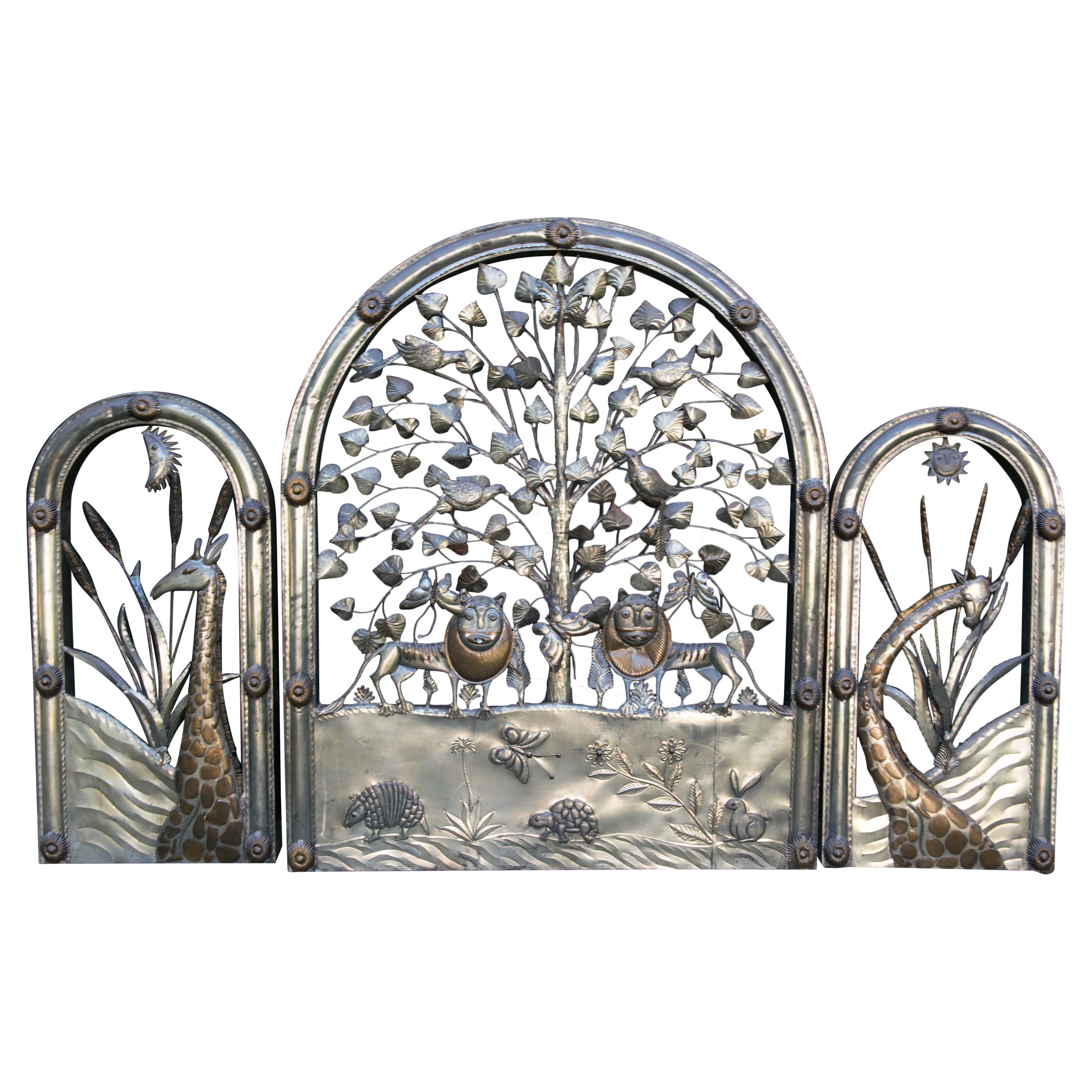 Signed Bustamante Brass Fireplace Screen / Wall Animal Sculpture