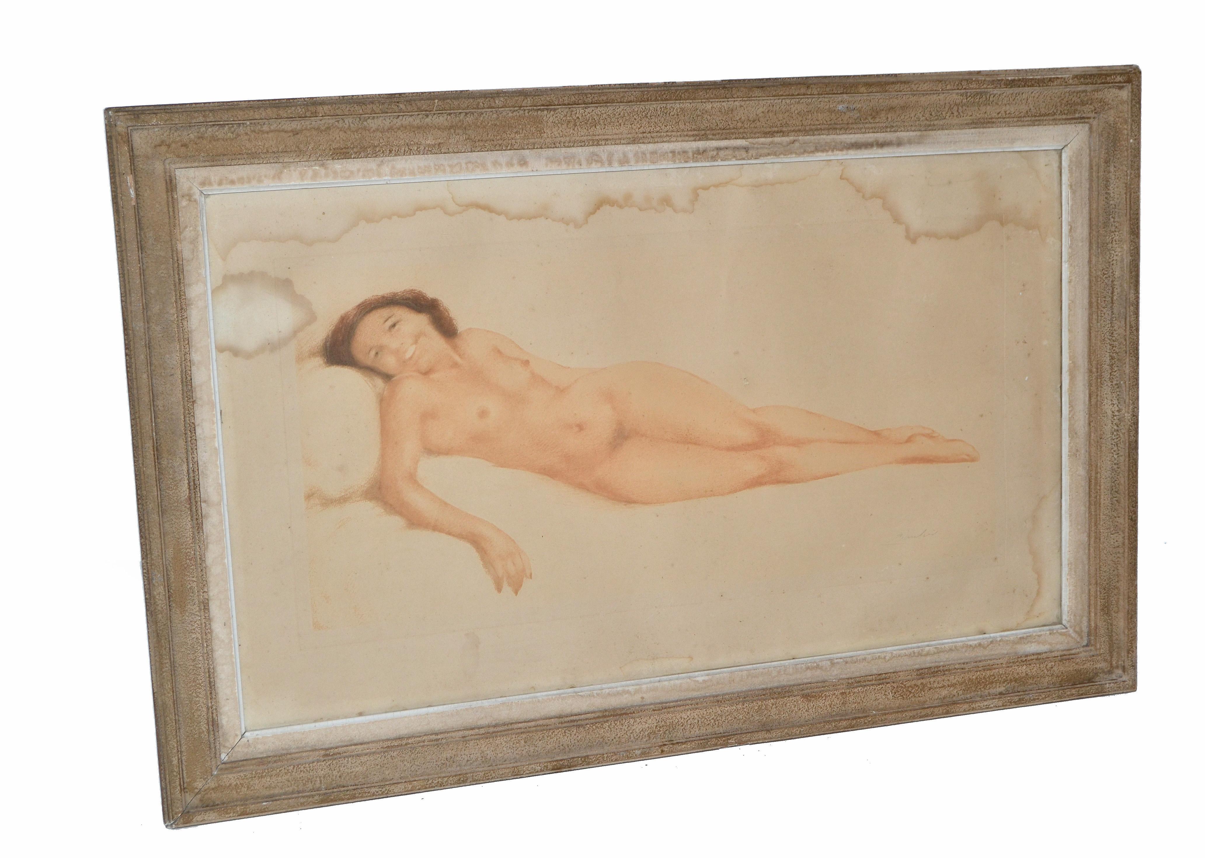 Signed by Artist French Midcentury Framed Glass Oil Painting Resting Nude Woman  For Sale 9