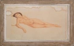 Signed by Artist French Midcentury Framed Glass Oil Painting Resting Nude Woman