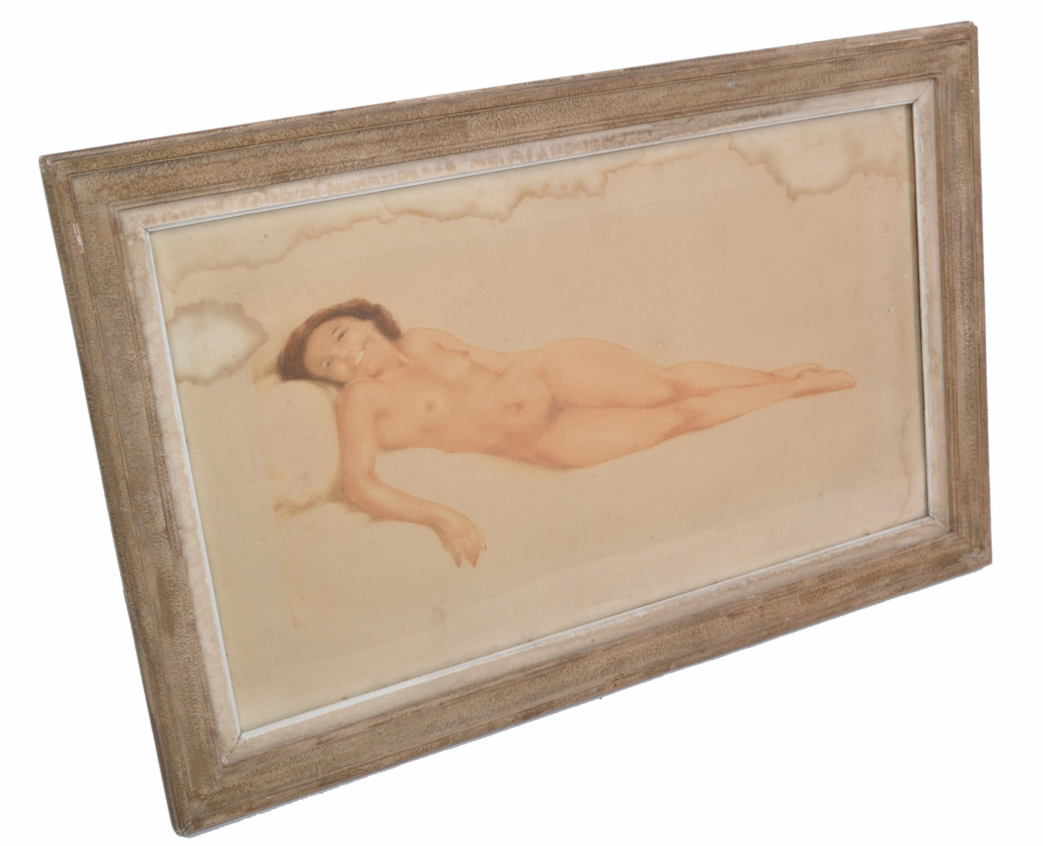 Mid-Century Modern Signed by Artist French Midcentury Framed Glass Oil Painting Resting Nude Woman  For Sale