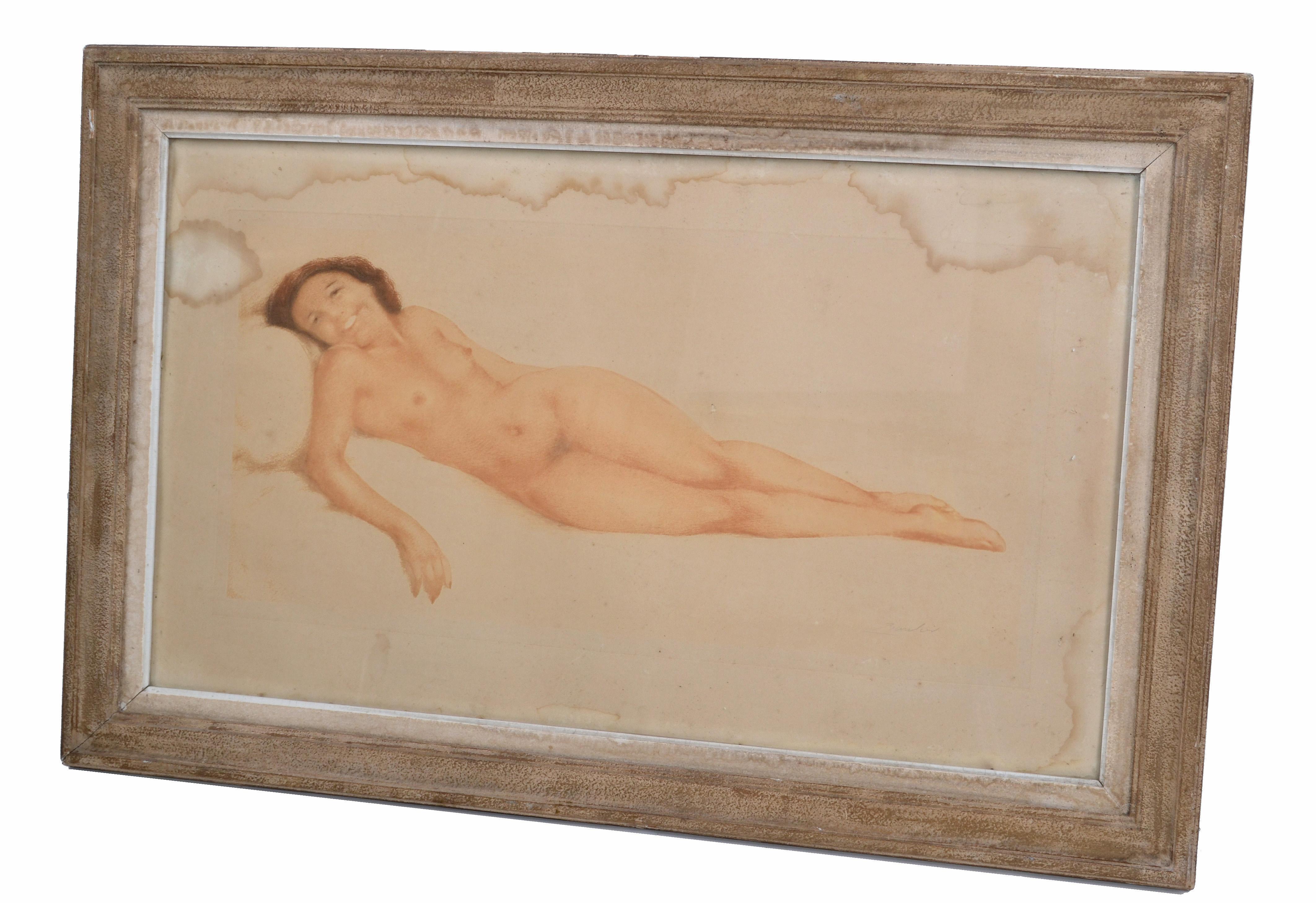 Signed by Artist French Midcentury Framed Glass Oil Painting Resting Nude Woman  In Fair Condition For Sale In Miami, FL
