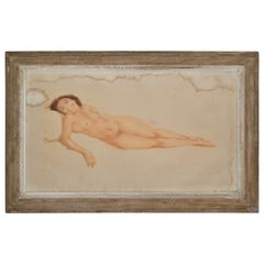 Signé par l'artiste Peinture à l'huile en verre encadrée, datant du milieu du siècle dernier, Femme nue au repos. 