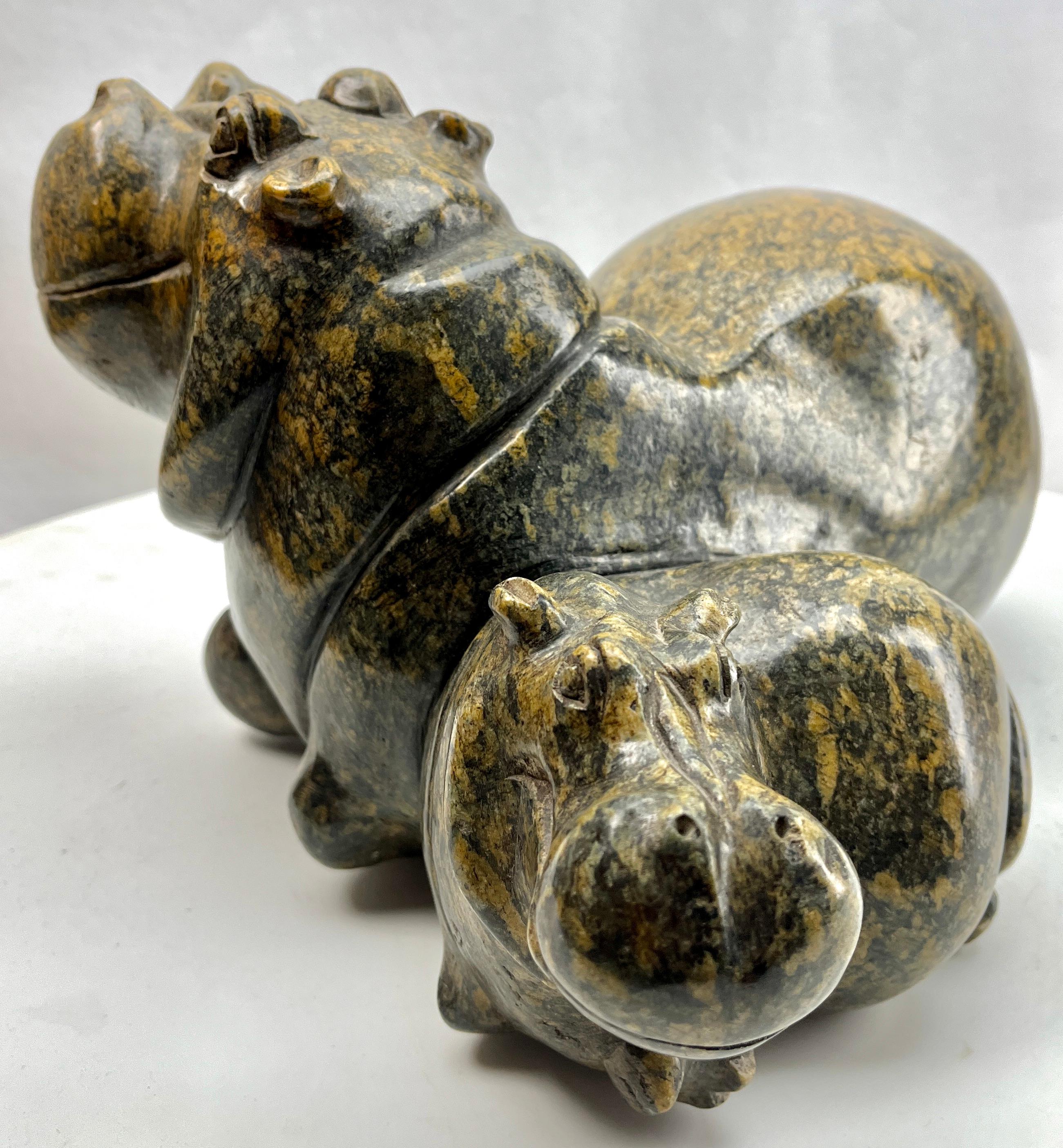 Mid-20th Century Signed By Thomas Mtasa Malachite Stylized  Hippopotamus with Infant For Sale